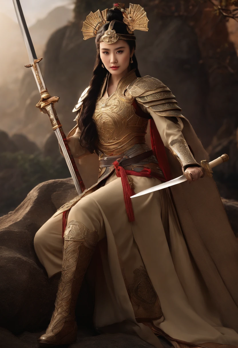 tmasterpiece，High-definition CG diagram，Ancient Chinese female warrior Mulan，Fan Bingbing's face，One hand holds a sword，Helmet in one hand，Oversized models，Detailed eyes and face，Tall figure，Brunette girl，All-armor clothing，Over-the-knee boots，Brilliant armor colors，Exquisite decoration，Charming temperament，Tall figure，Wide buttock，Thick thighs，A majestic sight，war scenario。