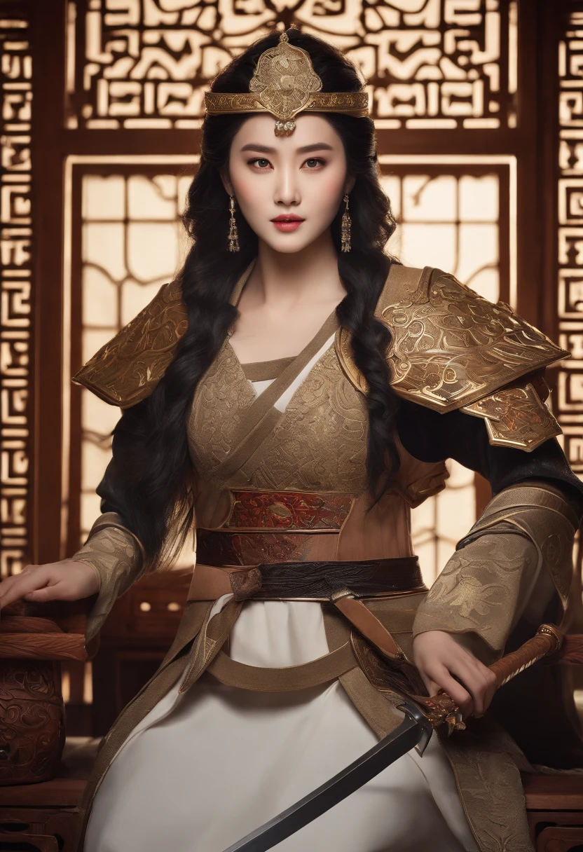tmasterpiece,High-definition CG diagram,Ancient Chinese female warrior Mulan,Fan Bingbing's face,One hand holds a sword,Helmet in one hand,Oversized models,Detailed eyes and face,Tall figure,Brunette girl,All-armor clothing,Over-the-knee boots,Brilliant armor colors,Exquisite decoration,Charming temperament,Tall figure,Wide buttock,Thick thighs,A majestic sight,war scenario。