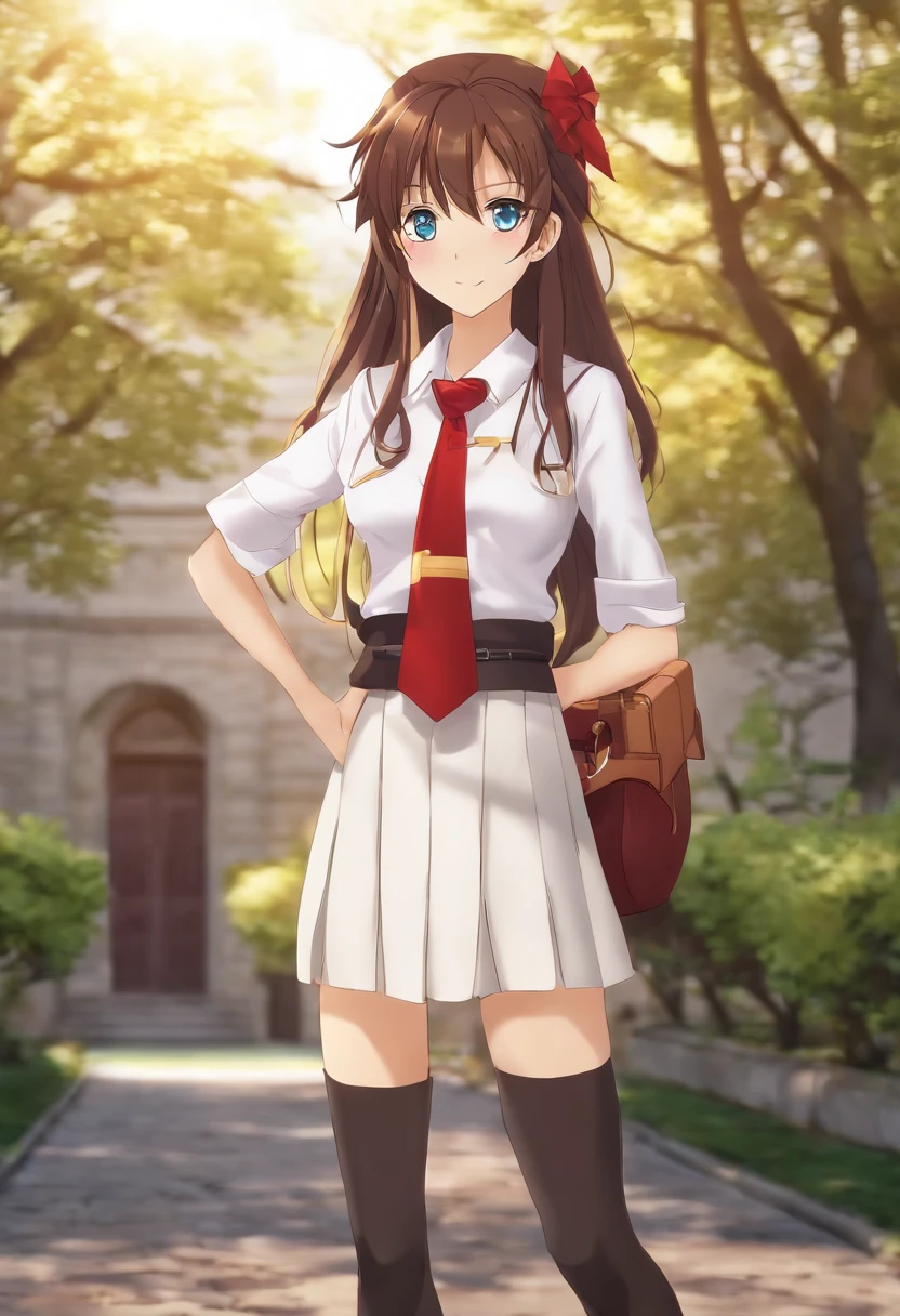 Rin Tohsaka stands gracefully with an air of confidence. She wears her traditional Homurahara Academy uniform, which consists of a pristine white blouse, a red ribbon tie, a pleated plaid skirt that falls to just above her knees, and knee-high socks. Her uniform fits perfectly, accentuating her slender figure. Rin's magenta-colored hair flows down her back and is held in a neat ponytail that sways slightly in the gentle breeze. Her expressive, sapphire-blue eyes radiate intelligence and curiosity, with a subtle mischievous glint. She carries her school bag effortlessly over one shoulder, her other hand playfully adjusting her ribbon.
Emiya Shirou, standing beside her, exudes a sense of unwavering determination. He also wears the Homurahara Academy uniform, though his shirt is slightly untucked, giving him a relaxed yet approachable appearance. The uniform consists of a white shirt, a loosened red tie, black pants, and brown shoes. Shirou has a friendly and warm expression, with his soft brown hair tousled just enough to give him a casual look. He carries his school bag slung over one shoulder, his posture reflecting his laid-back personality.
The two are positioned in the courtyard of their school, where the late afternoon sun bathes the scene in a golden hue. Behind them, the school building's architecture combines modern elements with classic design, creating a harmonious backdrop. The courtyard is adorned with lush greenery and vibrant flowers, adding a touch of natural beauty to the scene. Long shadows are cast on the ground by the setting sun, creating a tranquil and idyllic atmosphere.