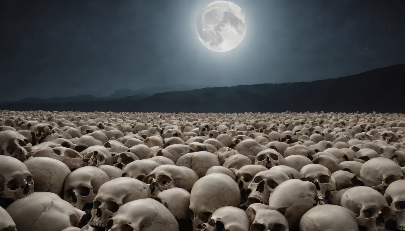 A sea of skulls, stretching as far as the eye can see, illuminated by a full moon.