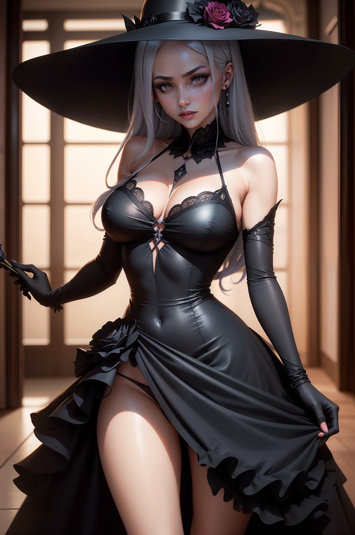 Sexy woman in a black dress and hat and a rose in her hair posing for a photo, cabelo platinado, olhos rosas Albedo do anime Overlord, Gapmoe Yandere Grimdark, Retrato Gapmoe Yandere Grimdark, menina anime demon, shalltear bloodfallen, personagem bruxa escura, bruxa escura da moda, menina bruxa, Bruxa das Trevas, Perfect lips, pele de porcelana, HDR, UHD, 64 mil, studio lighting, realista, hyper realistic, simetrical face, Motor irreal, Bokeh, high - resolution scan