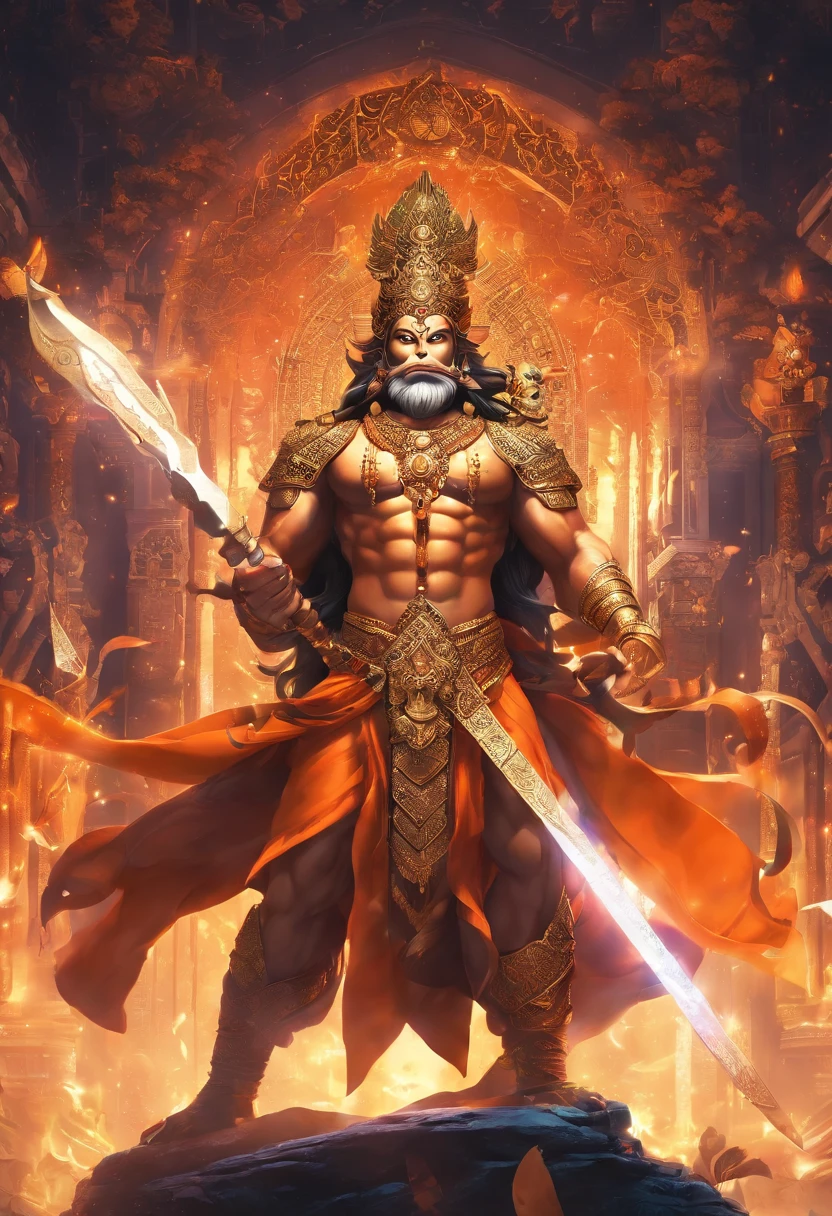 LORD HANUMAN ,a 35 years old man who has a face of a monkey, has a long tail as a monkey, proper eyes, An Indian god, Lord Hanuman, face of a monkey , moderate stature, has a big tail, Fire on the background, strongly built, broad-chested, narrow-waisted, and long-armed, big golden sword in his hand, in a dark forest (Professional 3D rendering:1.3) by (Realistic:1.3) World's most beautiful art picture, Features soft, dark complexation male heroes , hindu god, indian god, ((Epic hindu god , lord Hanuman, fantasy rough muscular man wet hero angry look long hair long slightly white beard and fierce expression in dynamic pose, wearing a orange robe, inside a jungle, burning lights in the background, majestic environment)), full body 8k unit render, action shot, skin pores, very dark lighting, heavy shading, detailed, Detailed face, (vibrant, photorealistic, Realistic , Dramatic, Dark, sharp focus, 8k), (orange cloths with heavy jewelry r:1.4), (intricate:1.4), decayed, (highly detailed:1.4), painting digital, rendering by octane, art stations, Concept-Art, smooth, sharp focus, illustration, germ of art, (Loish:0.23), Wlop Ilya Kuvshinov, and Greg Rutkowski and Alphonse Mucha Gracias, (global illumination, studiolight, Light Volumetric ), heavy rain, floating particles, scoundrel, fantasy, Eleven, full bodyesbian, ((Dark old city background:1.3)),CGSesociedade,art stations