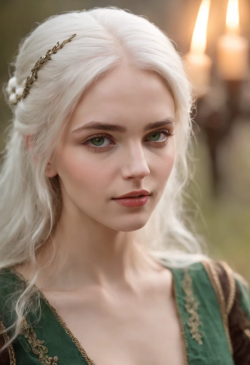 fair complexion, woman around 19 years old, natural white hair, distinctive green eyes, wearing kohl, slender and graceful, beautiful, candlelight in a medieval setting, ultra sharp focus, realistic shot, medieval female clothes, tetradic colors,naked , cumshot