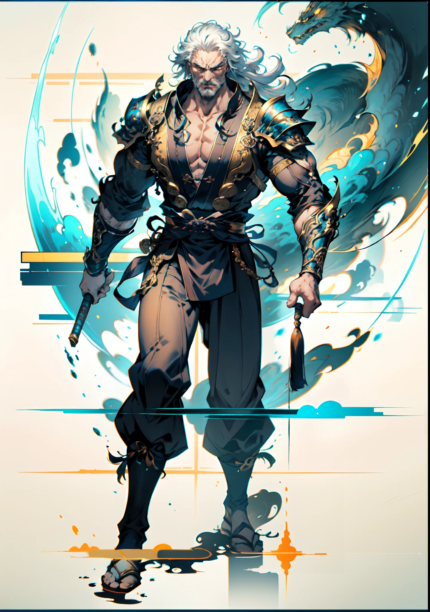 A middle-aged old man with flowing white hair, his eyes wide with fury, his mouth open in a roar, a simple yet dignified cloth armor, a fantasy-style Chinese cloth armor, mainly white with blue textured patterns, a simple yet elegant design, he also wears matching pants and leg guards, his entire body exudes a powerful aura, a formidable presence, a martial energy, energy field, this character embodies a finely crafted fantasy-style Chinese martial hero design in anime style, characterized by a sophisticated and mature manga illustration art style, Ink, Ink style, ink splash, blue aura, aura, Power, angry, wild hair, high definition, best quality, highres, ultra-detailed, ultra-fine painting, extremely delicate, professional, anatomically correct, symmetrical face, extremely detailed eyes and face, high quality eyes, creativity, RAW photo, UHD, 8k, Natural light, cinematic lighting, masterpiece:1.5