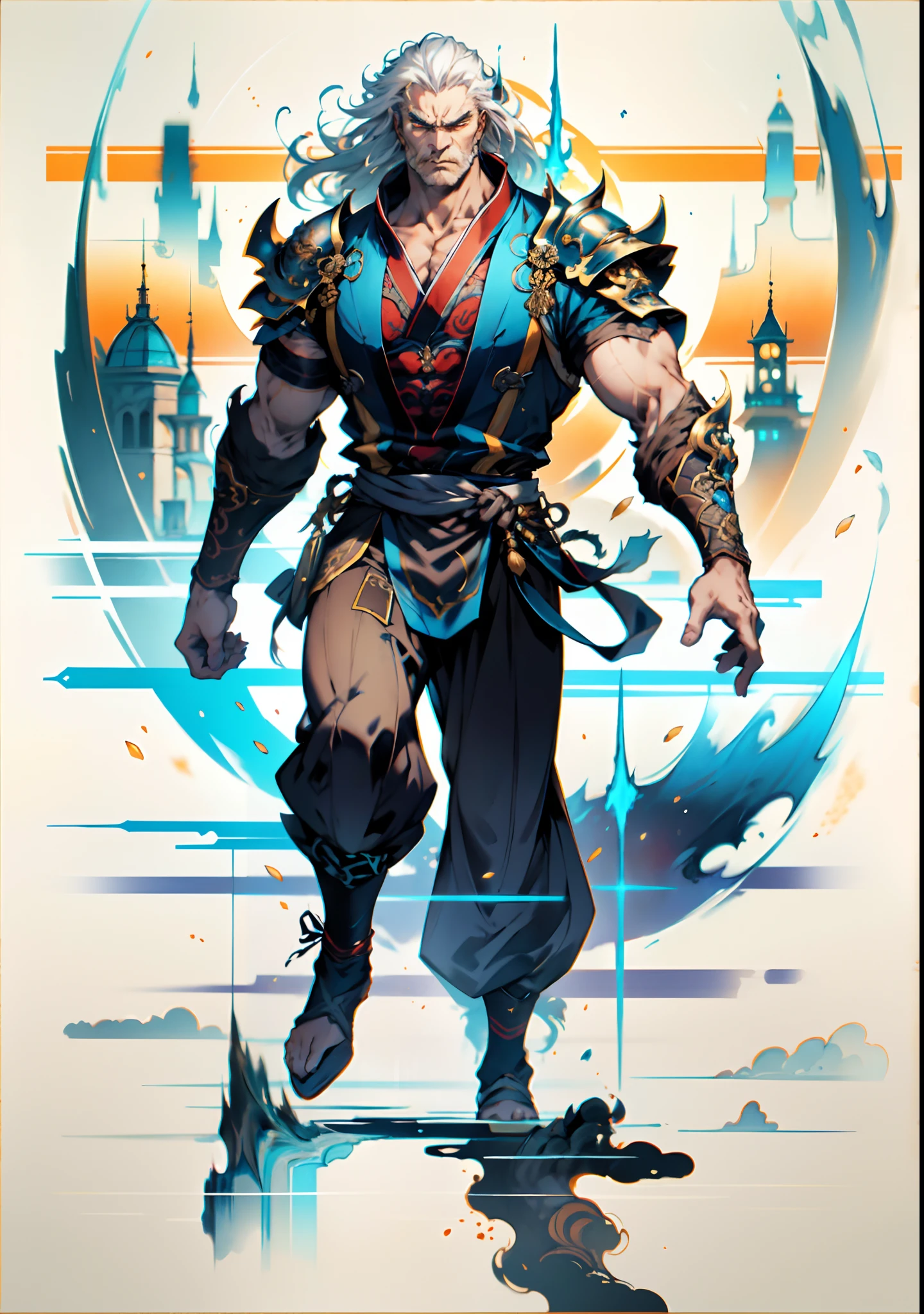 A middle-aged old man with flowing white hair, his eyes wide with fury, his mouth open in a roar, a simple yet dignified cloth armor, a fantasy-style Chinese cloth armor, mainly white with blue textured patterns, a simple yet elegant design, he also wears matching pants and leg guards, his entire body exudes a powerful aura, a formidable presence, a martial energy, energy field, this character embodies a finely crafted fantasy-style Chinese martial hero design in anime style, characterized by a sophisticated and mature manga illustration art style, Ink, Ink style, ink splash, blue aura, aura, Power, angry, wild hair, high definition, best quality, highres, ultra-detailed, ultra-fine painting, extremely delicate, professional, anatomically correct, symmetrical face, extremely detailed eyes and face, high quality eyes, creativity, RAW photo, UHD, 8k, Natural light, cinematic lighting, masterpiece:1.5