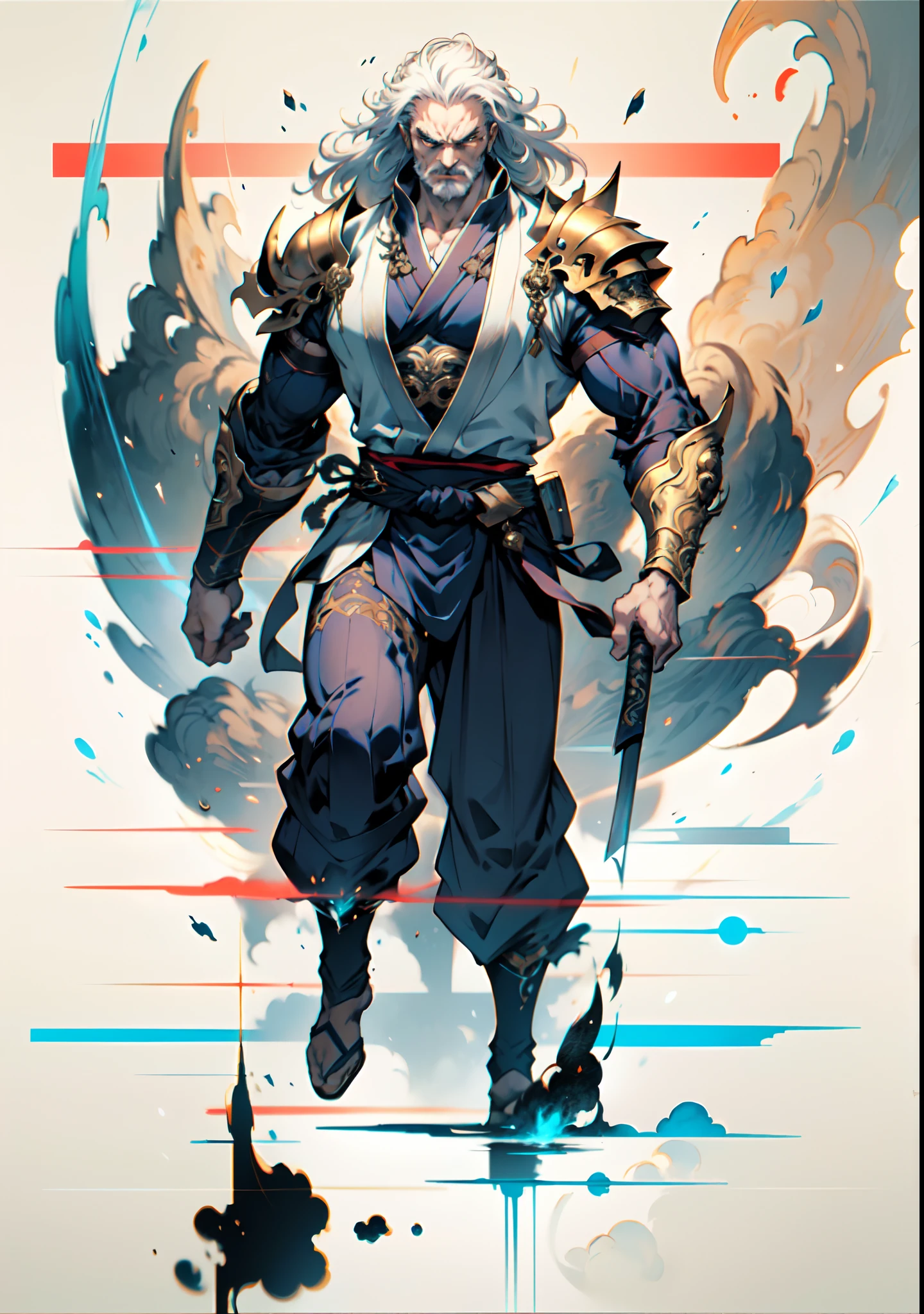 A middle-aged old man with flowing white hair, his eyes wide with fury, his mouth open in a roar, a simple yet dignified cloth armor, a fantasy-style Chinese cloth armor, mainly white with blue textured patterns, a simple yet elegant design, he also wears matching pants and leg guards, his entire body exudes a powerful aura, a formidable presence, a martial energy, energy field, this character embodies a finely crafted fantasy-style Chinese martial hero design in anime style, characterized by a sophisticated and mature manga illustration art style, Ink, Ink style, ink splash, blue aura, aura, Power, angry, wild hair, high definition, best quality, highres, ultra-detailed, ultra-fine painting, extremely delicate, professional, anatomically correct, symmetrical face, extremely detailed eyes and face, high quality eyes, creativity, RAW photo, UHD, 8k, Natural light, cinematic lighting, masterpiece:1.5
