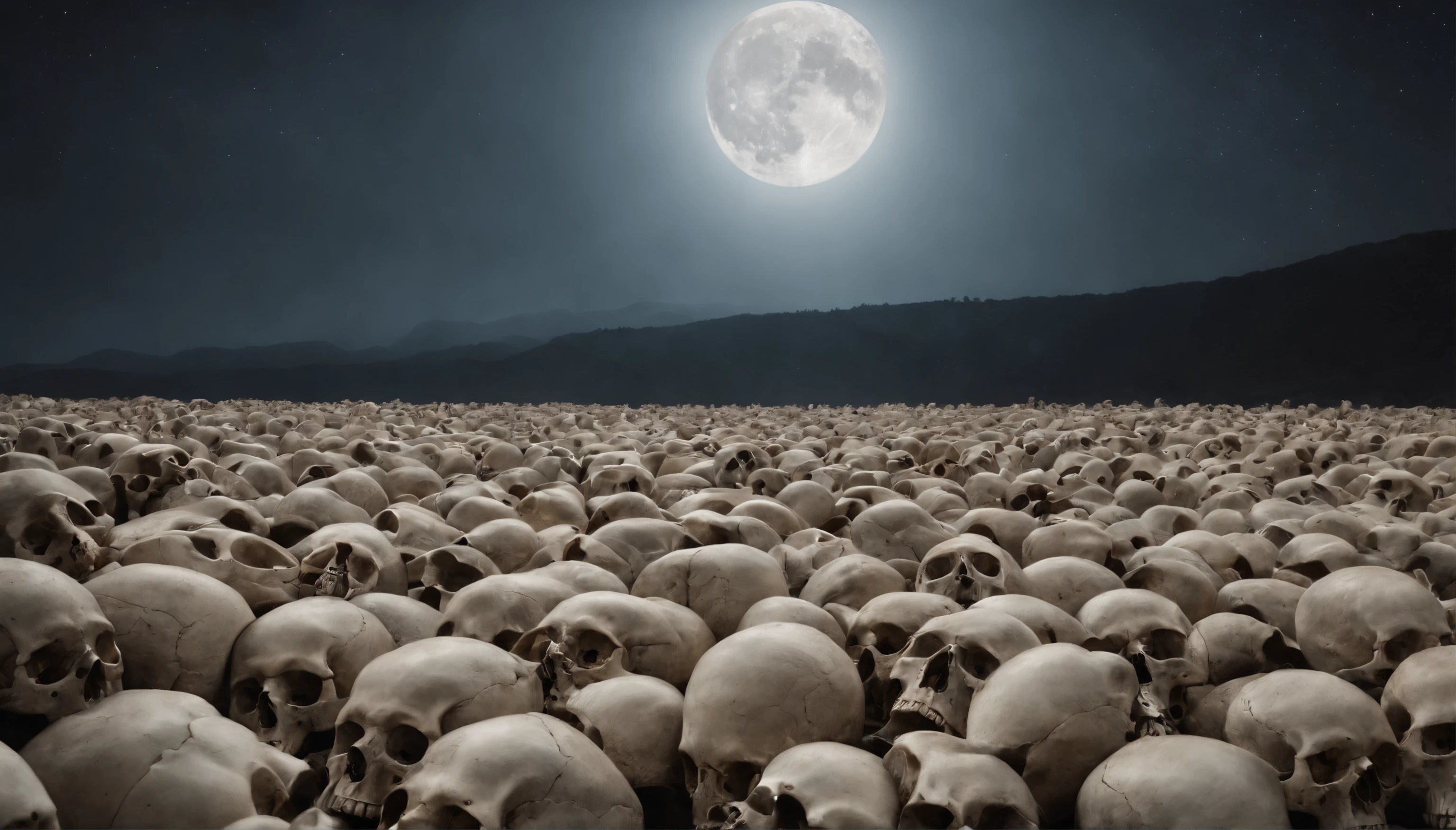 A sea of skulls, stretching as far as the eye can see, illuminated by a full moon.