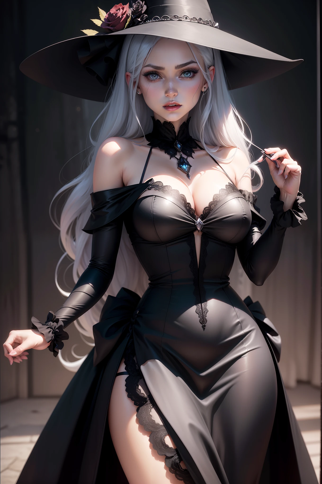 Sexy woman in a black dress and hat and a rose in her hair posing for a photo, cabelo platinado, olhos rosas Albedo do anime Overlord, Gapmoe Yandere Grimdark, Retrato Gapmoe Yandere Grimdark, menina anime demon, shalltear bloodfallen, personagem bruxa escura, bruxa escura da moda, menina bruxa, Bruxa das Trevas, Perfect lips, pele de porcelana, HDR, UHD, 64 mil, studio lighting, realista, hyper realistic, simetrical face, Motor irreal, Bokeh, high - resolution scan