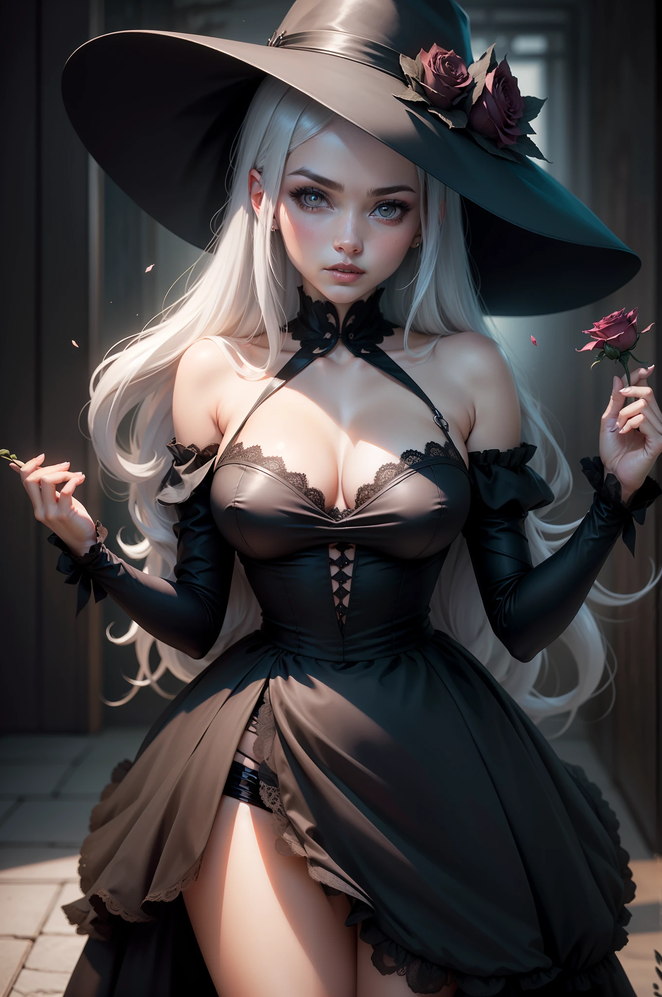 Sexy woman in a black dress and hat and a rose in her hair posing for a photo, cabelo platinado, olhos rosas Albedo do anime Overlord, Gapmoe Yandere Grimdark, Retrato Gapmoe Yandere Grimdark, menina anime demon, shalltear bloodfallen, personagem bruxa escura, bruxa escura da moda, menina bruxa, Bruxa das Trevas, Perfect lips, pele de porcelana, HDR, UHD, ?? mil, studio lighting, realista, hyper realistic, simetrical face, Motor irreal, Bokeh, high - resolution scan