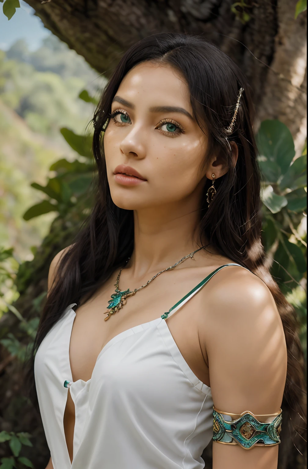 ((Realistic:1.5)),ULZZANG-6500：0.7，((best quality)), ((master part)),((circunstanciado)),2meninas,duo,{2 mulheres bonitas}, one is white with white hair and the other is indigenous, se encontram :1.3),Abracem-se , (Rosto detalhado,Olhos belos, Alunos detalhados,detailed features of the outfit, Plano de fundo claro:1.3), (Armlets, bracelete:1.3), mysterious ancient ruins, floresta exuberante, Desfiladeiro profundo,ponte,Rio,penhasco,Cloud,Lagos,rock,waterfalls, flor, grama,Grape trees,tree,Detalhe brilhante,Sharp,perfect compositio, intrincado, foco nítido, Dramatic,