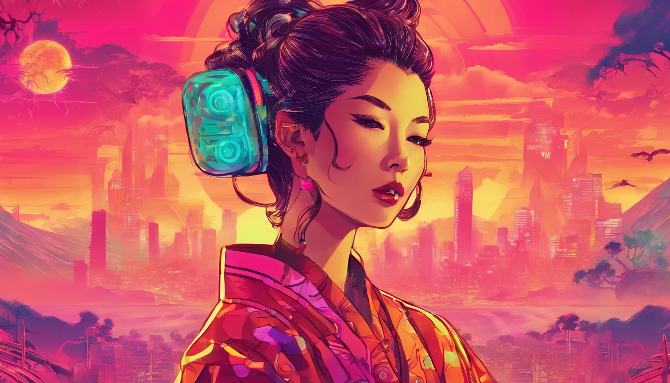 Makashi kimono、ganja、geisha、smokeing、10 people、Inhale smoke、cyberpunked、near future、Product Images、Landscape ratio image、Background through、Hemp leaf hair ornament、Background transparent