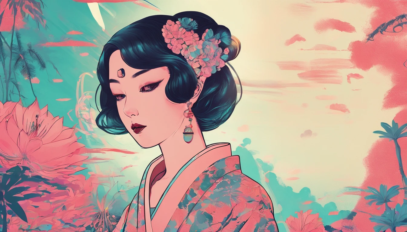 Makashi kimono、ganja、geisha、smokeing、10 people、Inhale smoke、cyberpunked、near future、Product Images、Landscape ratio image、Background through、Hemp leaf hair ornament、Background transparent