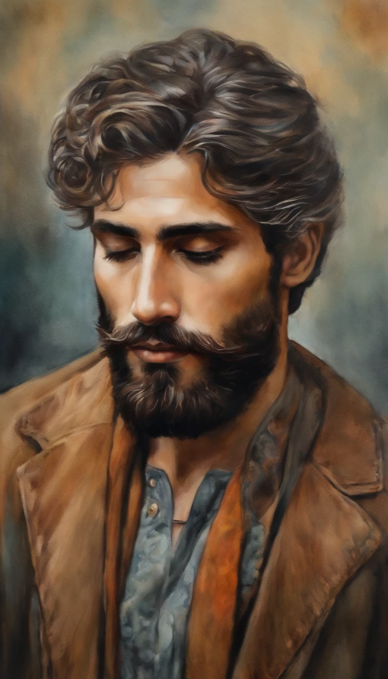 calma, pintura a tinta e aquarela, representando um homem com barba curta e cabelo amarrado, olhar sereno, paz
