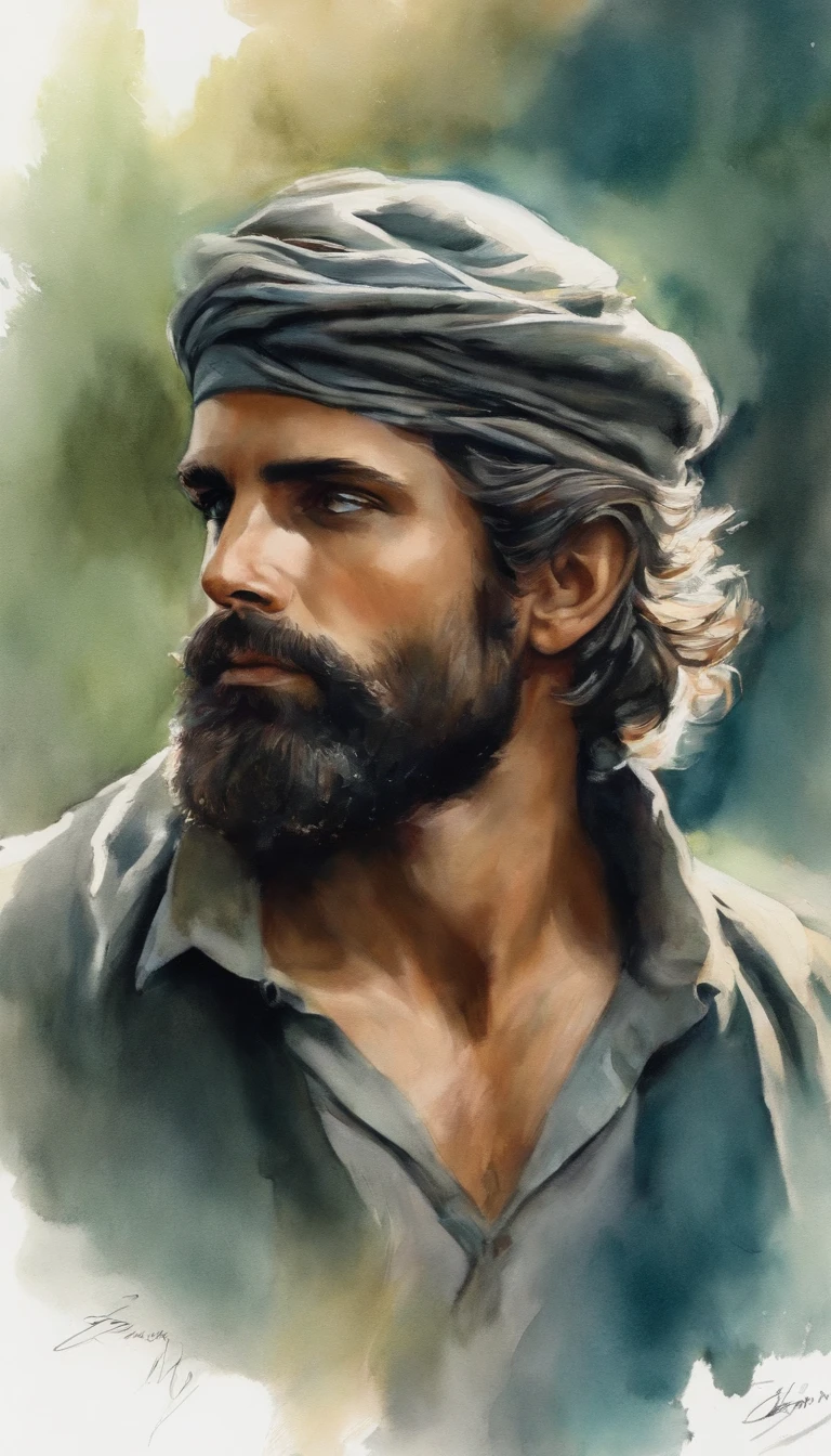 calma, pintura a tinta e aquarela, representando um homem com barba curta e cabelo amarrado, olhar sereno, paz
