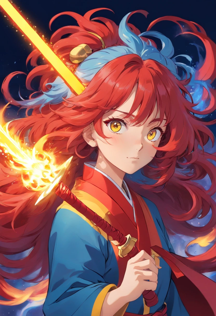 Beautiful woman with a big hair having a yellow coloration with red locks, Wears a blue fire sword at his waist, his robes are from the Demon Corp from the anime Kimetsu no Yaiba having a haori of blue, red and white colors;