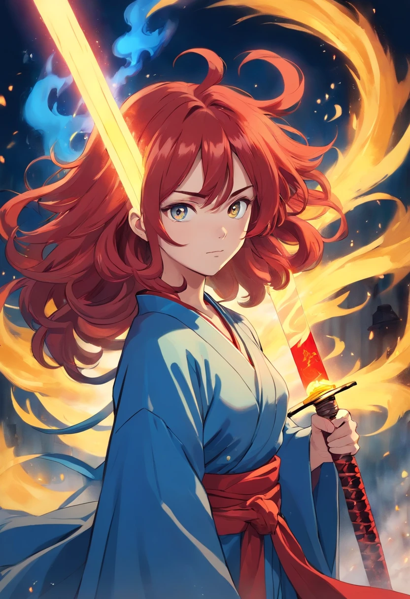 Beautiful woman with a big hair having a yellow coloration with red locks, Wears a blue fire sword at his waist, his robes are from the Demon Corp from the anime Kimetsu no Yaiba having a haori of blue, red and white colors;