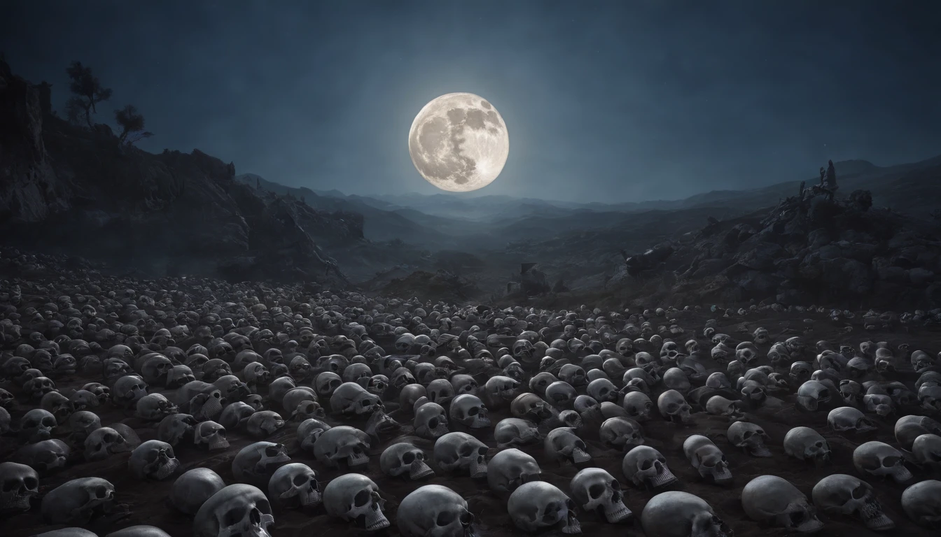 A sea of skulls and bones, stretching as far as the eye can see, illuminated by a full moon. Dramatic illumination.