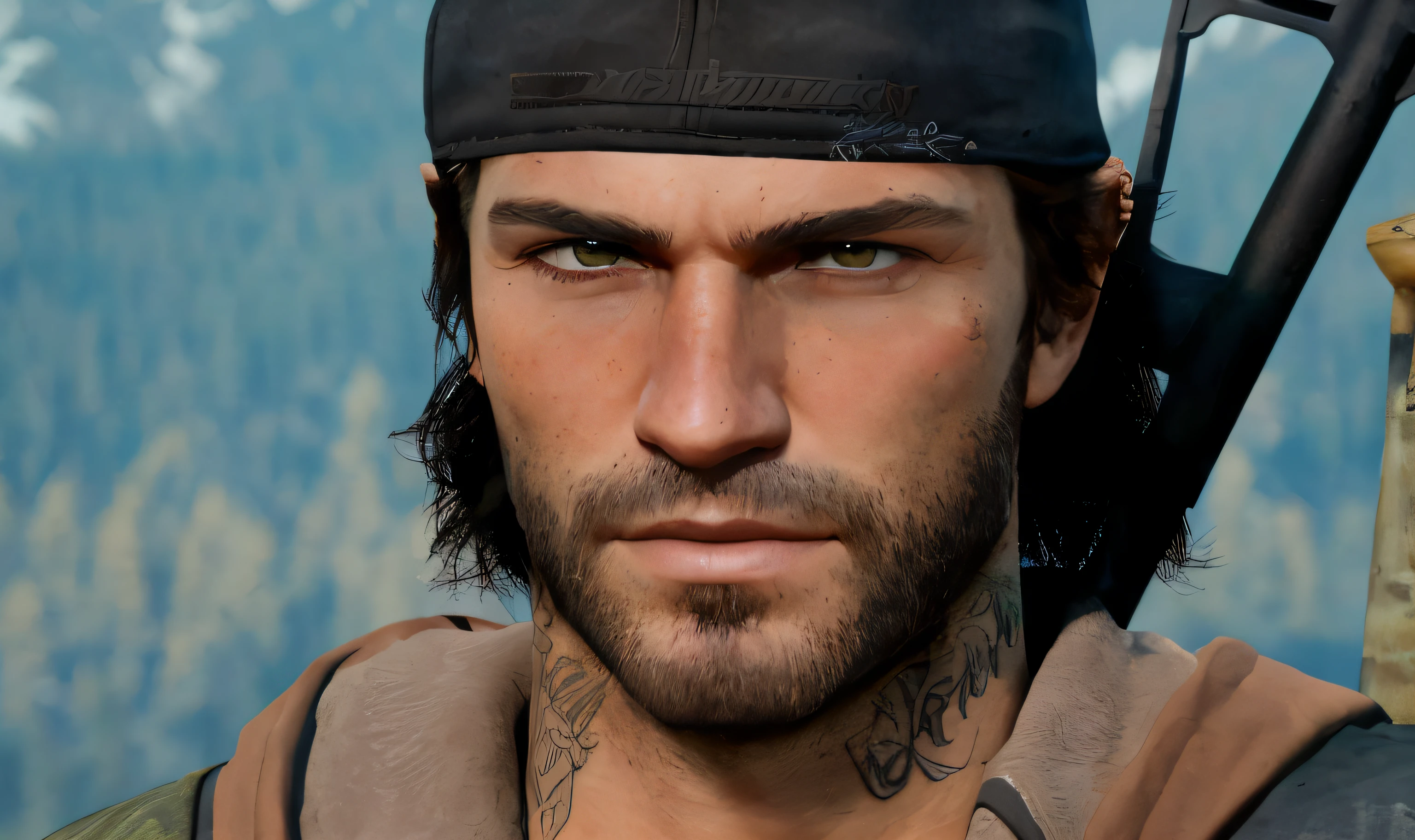 Man with a gun and a hat on his head, Arthur Morgan, Personagem close up, smug look, ultra detailed content : rosto, com tatuagens de runa no rosto, detalhes faciais precisos, rosto detalhado preciso, close up head shot, inspirado em Brian 'Chippy' Dugan, Arte conceitual 4K e hiper realismo, profile close-up view