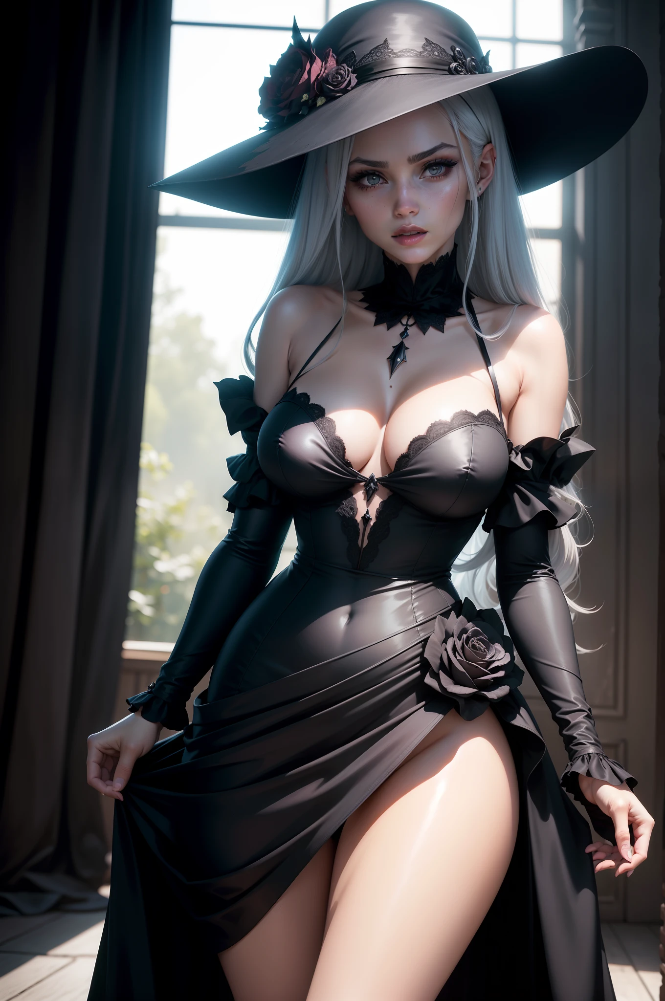 Sexy woman in a black dress and hat and a rose in her hair posing for a photo, cabelo platinado, olhos de cor rosa, Albedo do anime Overlord, Gapmoe Yandere Grimdark, Retrato Gapmoe Yandere Grimdark, menina anime demon, shalltear bloodfallen, personagem bruxa escura, bruxa escura da moda, menina bruxa, Bruxa das Trevas, Perfect lips, pele de porcelana, HDR, UHD, 64 mil, studio lighting, realista, hyper realistic, simetrical face, Motor irreal, Bokeh, high - resolution scan