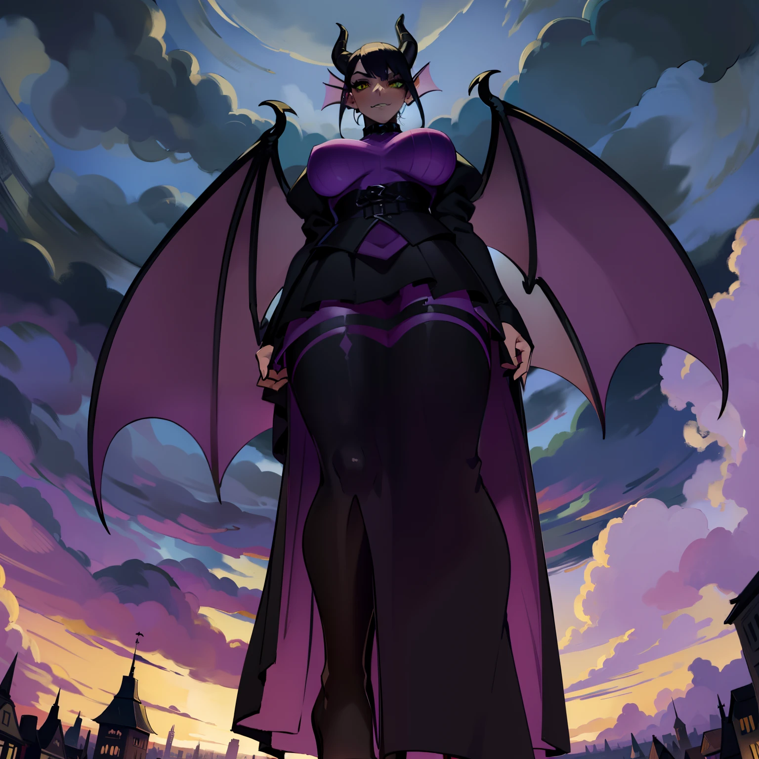 Maleficent,GtsGiga,Gtscity,best quailty,masterpiece,destruction,Rampage,menacing smrik,pute evil,Diseny Villian,Looming,cityscape,fantasy,clouds,human form,large breast,goth ****ta dress,dark purple hair