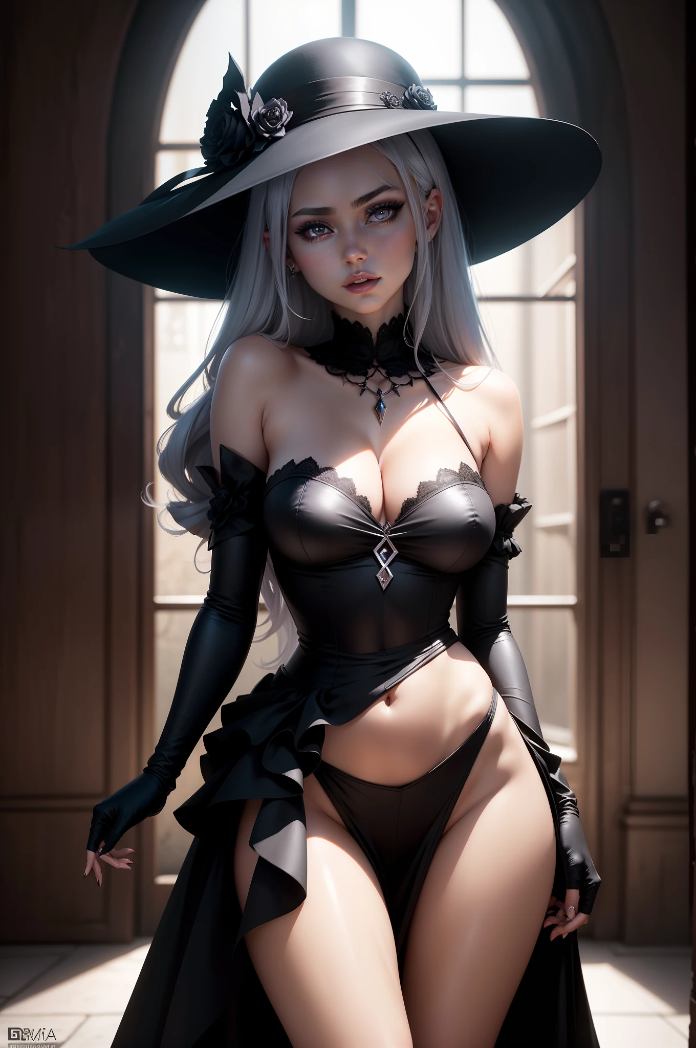 Sexy woman in a black dress and hat and a rose in her hair posing for a photo, cabelo platinado, olhos de cor rosa, Albedo do anime Overlord, Gapmoe Yandere Grimdark, Retrato Gapmoe Yandere Grimdark, menina anime demon, shalltear bloodfallen, personagem bruxa escura, bruxa escura da moda, menina bruxa, Bruxa das Trevas, Perfect lips, pele de porcelana, HDR, UHD, 64 mil, studio lighting, realista, hyper realistic, simetrical face, Motor irreal, Bokeh, high - resolution scan
