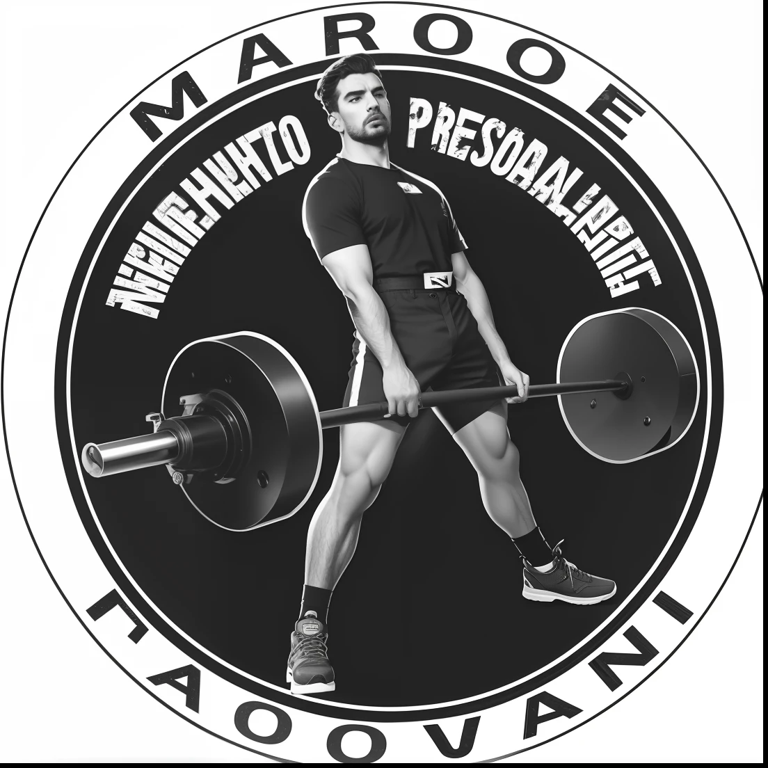 um logotipo estilo retro preto e cinza com um homem segurando uma barra, Directed by: Mirko Rački, Directed by: Max Svabinsky, pessoal, Nicola Samuri, Directed by: Nicholas Marsicano, Darius Zawadzki, logotipo redondo, Alex Miranda, inspired by Mirko Rački, Directed by: Viktor Madarász, Alejandro