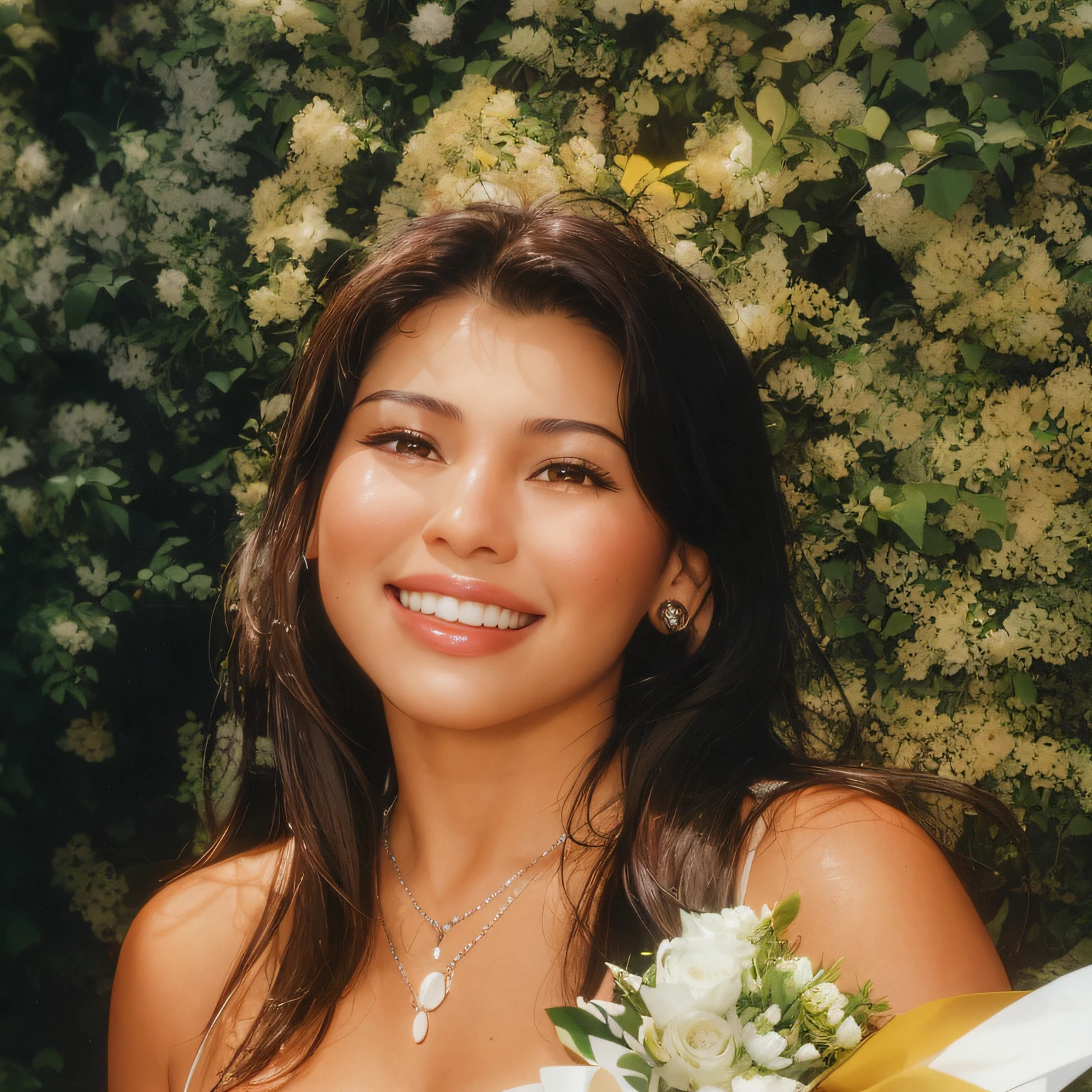 arafed woman in a white dress holding a bouquet of flowers, selena quintanilla perez, taken in the mid 2000s, 30 years old woman, 3 0 years old woman, around 1 9 years old, taken in the late 2000s, profile picture, taken in the 2000s, profile photo