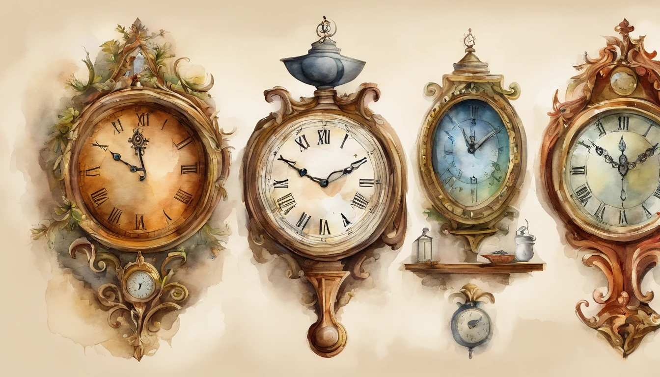 There are 10 clocks hanging on the wall, Round clock、Triangular clock、Vertically long clock、Watercolor touch,