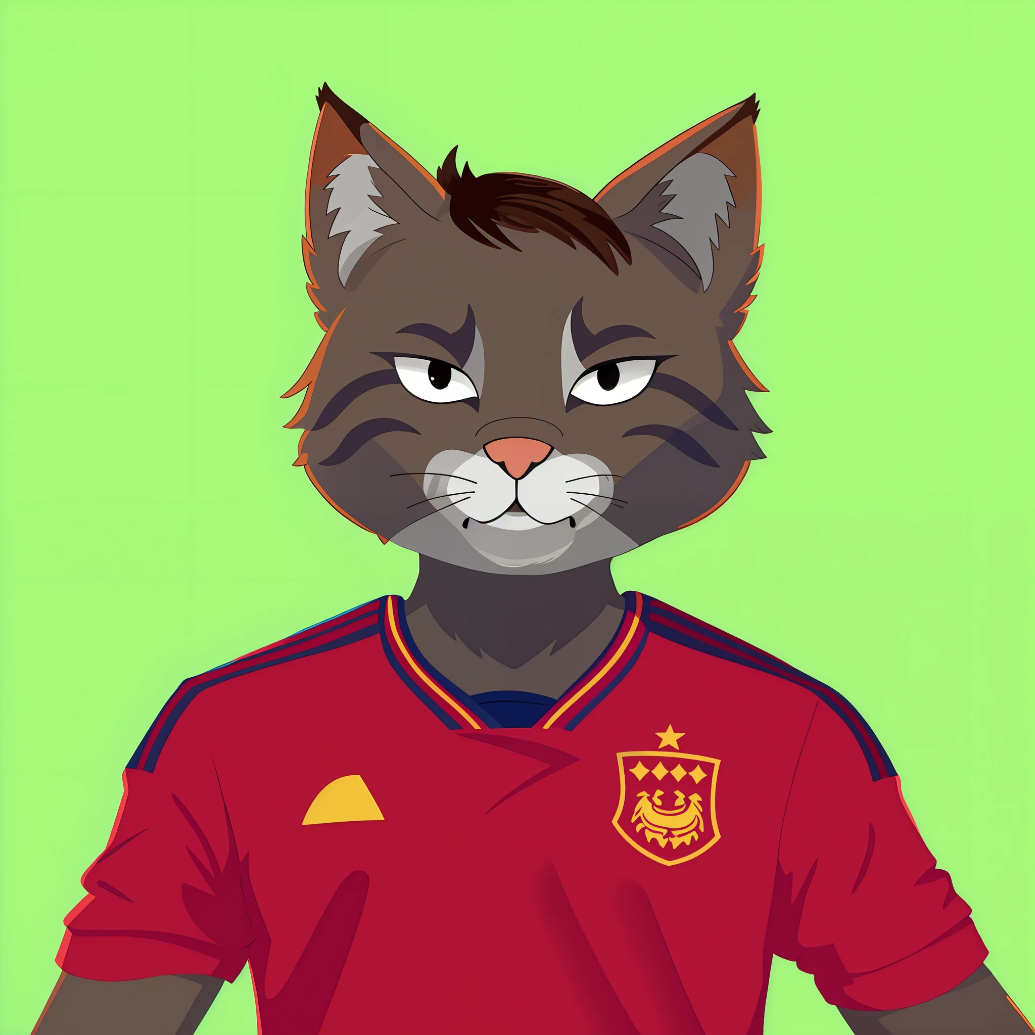 There's a cat wearing glasses and a red shirt, inspired by Óscar Domínguez, Tabaxi, anthropomorphic cat, inspirado em Oswaldo Viteri, Espanha Rodriguez, inspired by Sava Šumanović, anthropomorphic lynx, na copa do mundo, Directed by: Mario Dubsky, Telegrama Sticker, inspirado em Luis Enrique Camej