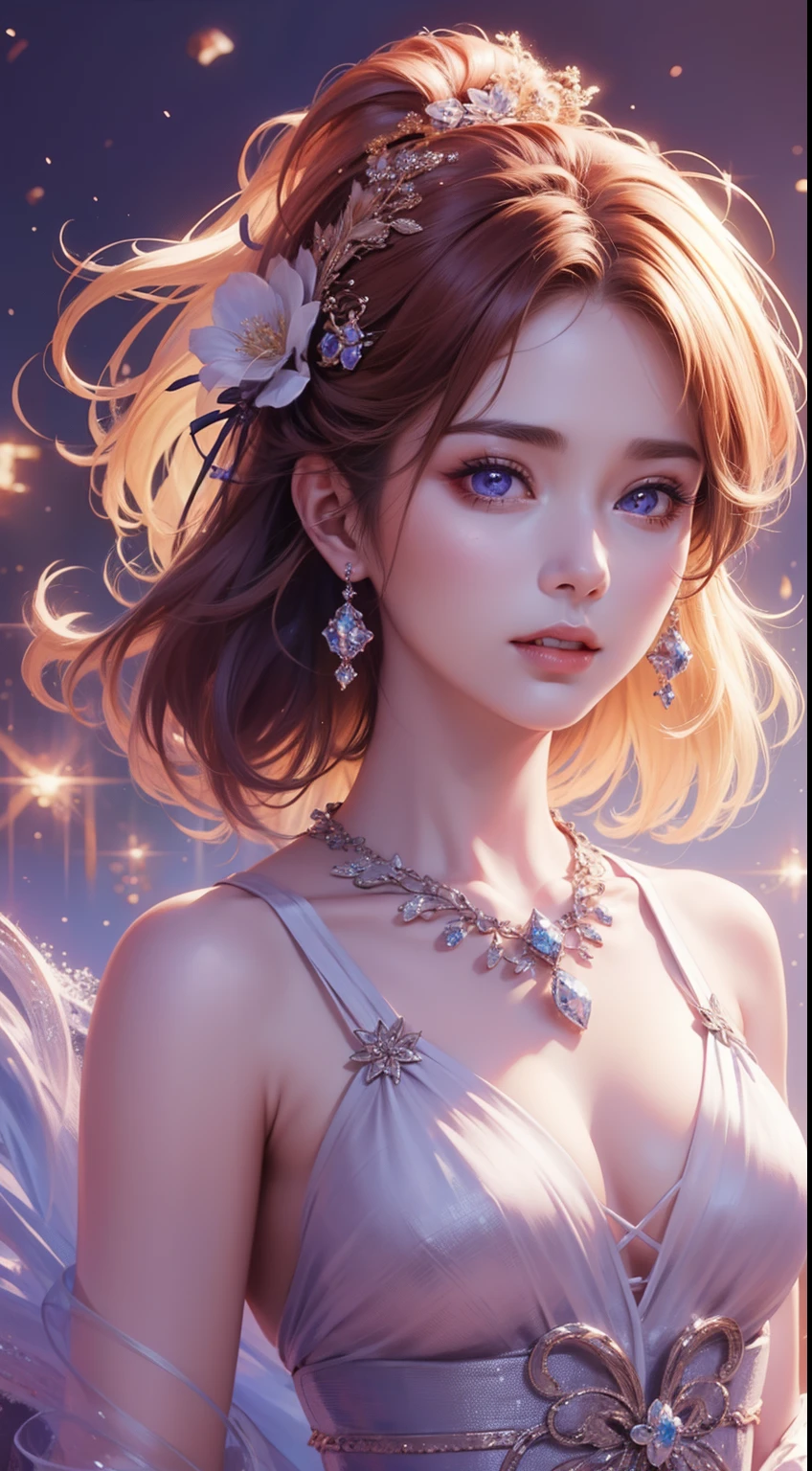 tmasterpiece,Highest high resolution,((themoon)),Dynamic bust of a beautiful aristocratic maiden,elegantly coiled brown chestnut hair,Purple clear eyes,Hair is covered with beautiful and delicate floral craftsmanship, Crystal Jewelry Filigree,Ultra-detailed details,upscaled,The Earth Rises。