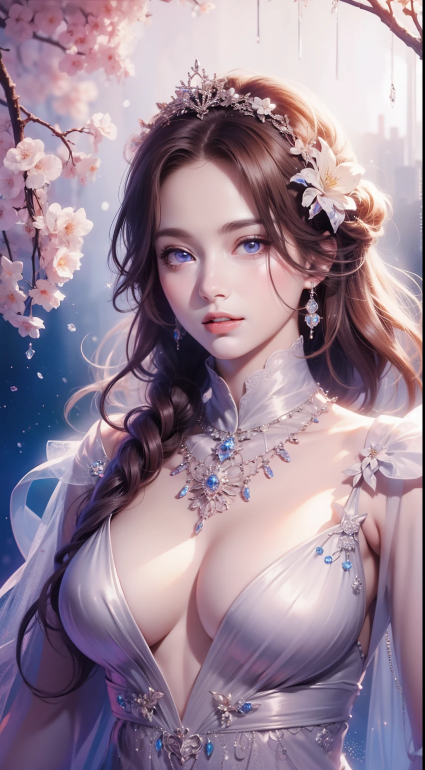 tmasterpiece,Highest high resolution,((themoon)),Dynamic bust of a beautiful aristocratic maiden,elegantly coiled brown chestnut hair,Purple clear eyes,Hair is covered with beautiful and delicate floral craftsmanship, Crystal Jewelry Filigree,Ultra-detailed details,upscaled,The Earth Rises。