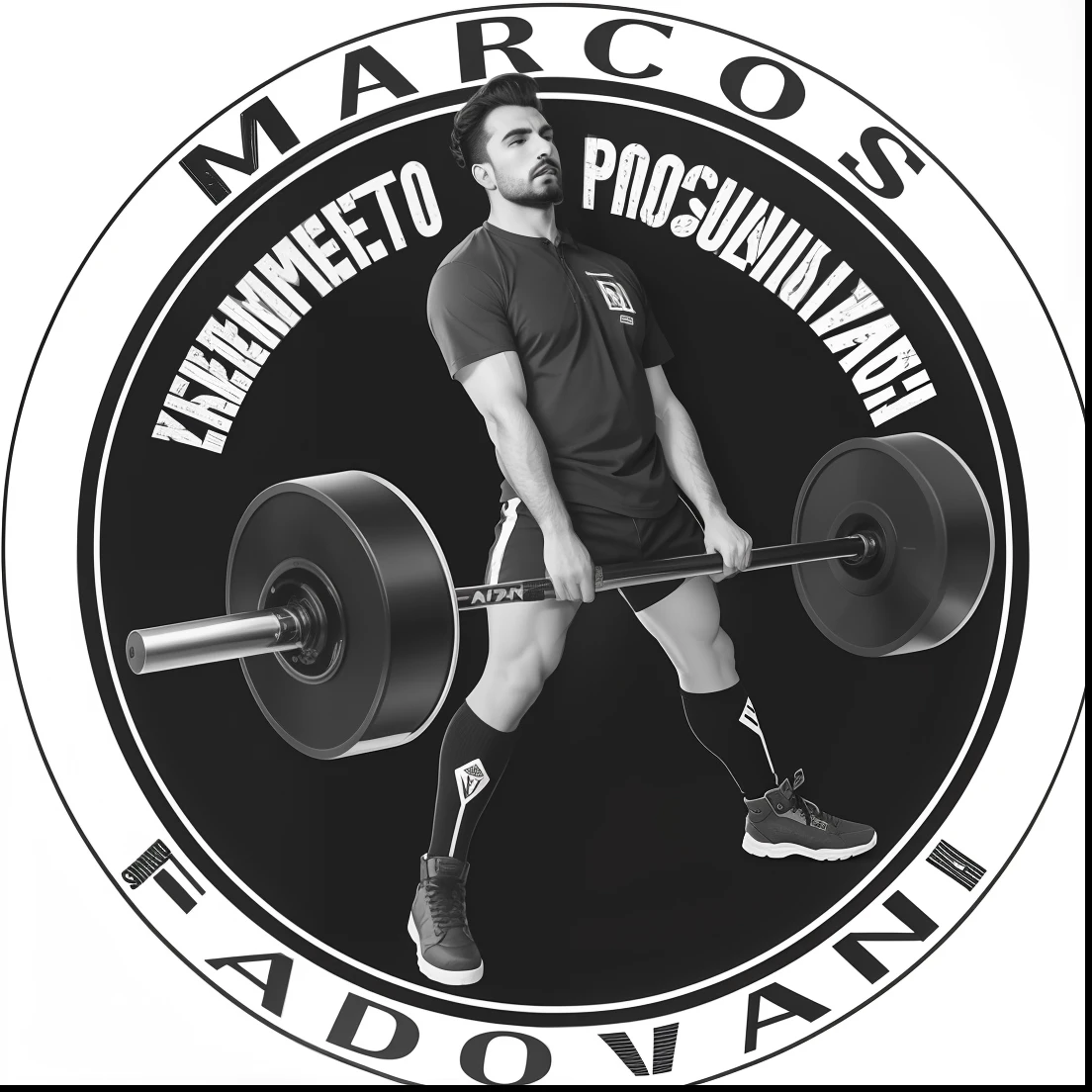 um logotipo estilo retro preto e cinza com um homem segurando uma barra, Directed by: Mirko Rački, Directed by: Max Svabinsky, pessoal, Nicola Samuri, Directed by: Nicholas Marsicano, Darius Zawadzki, logotipo redondo, Alex Miranda, inspired by Mirko Rački, Directed by: Viktor Madarász, Alejandro
