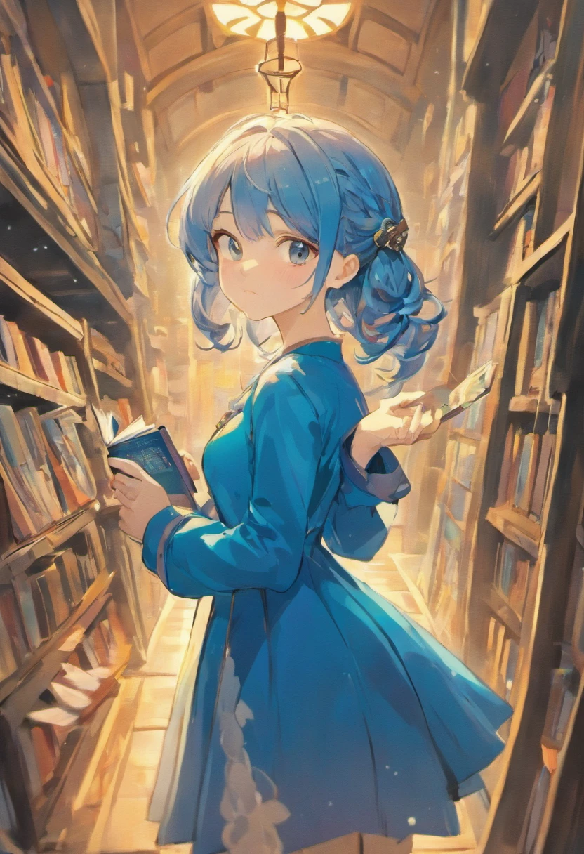 uma jovem de cabelo castanho , Blue dress with a key and a book in hand , no ceu quarto