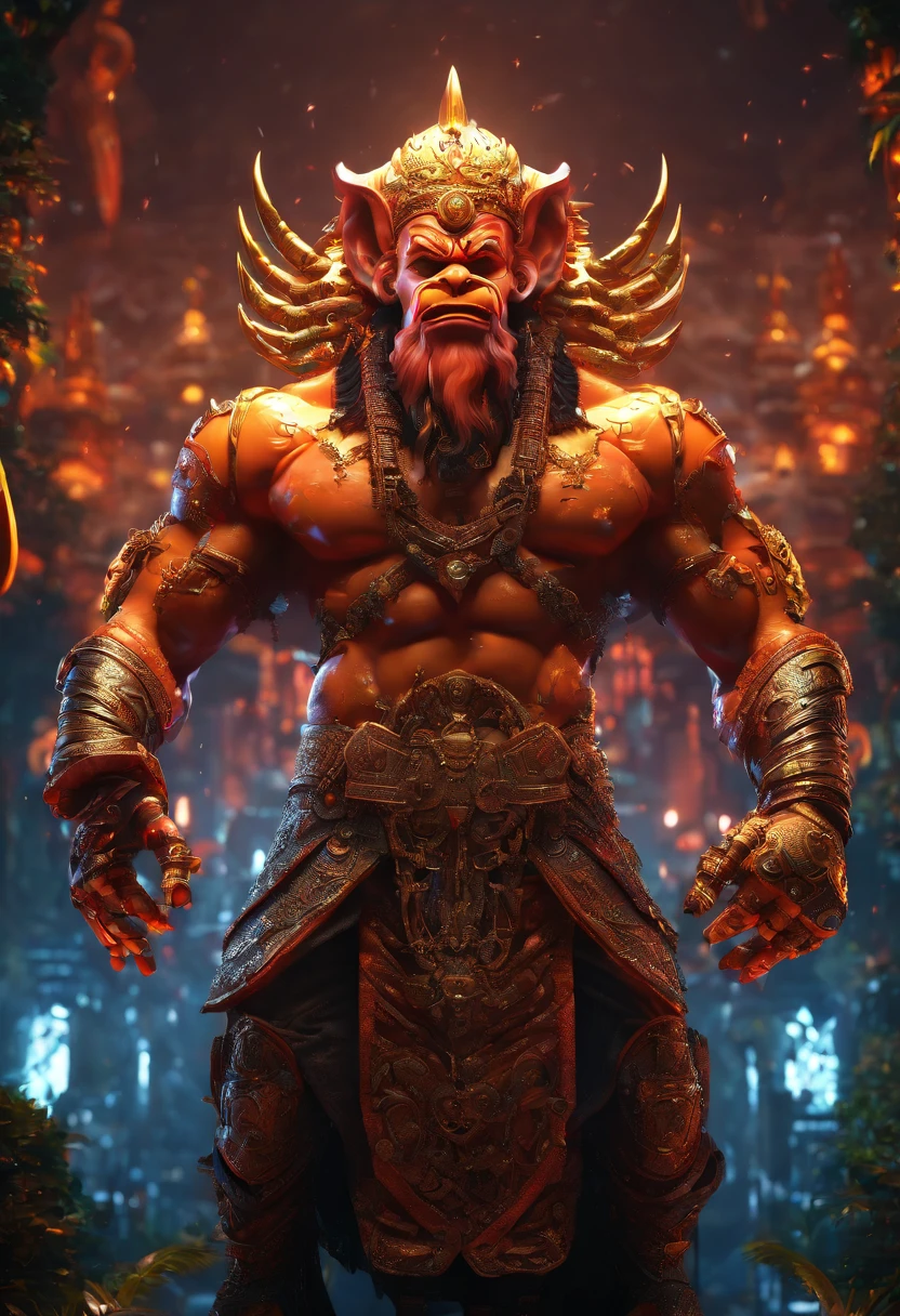 LORD HANUMAN ,a 35 years old man who has a face of a monkey, has a long tail as a monkey, proper eyes, An Indian god, Lord Hanuman, face of a monkey , moderate stature, has a big tail, Fire on the background, strongly built, broad-chested, narrow-waisted, and long-armed, big golden sword in his hand, in a dark forest (Professional 3D rendering:1.3) by (Realistic:1.3) World's most beautiful art picture, Features soft, dark complexation male heroes , hindu god, indian god, ((Epic hindu god , lord Hanuman, fantasy rough muscular man wet hero angry look long hair long slightly white beard and fierce expression in dynamic pose, wearing a orange robe, inside a jungle, burning lights in the background, majestic environment)), full body 8k unit render, action shot, skin pores, very dark lighting, heavy shading, detailed, Detailed face, (vibrant, photorealistic, Realistic , Dramatic, Dark, sharp focus, 8k), (orange cloths with heavy jewelry r:1.4), (intricate:1.4), decayed, (highly detailed:1.4), painting digital, rendering by octane, art stations, Concept-Art, smooth, sharp focus, illustration, germ of art, (Loish:0.23), Wlop Ilya Kuvshinov, and Greg Rutkowski and Alphonse Mucha Gracias, (global illumination, studiolight, Light Volumetric ), heavy rain, floating particles, scoundrel, fantasy, Eleven, full bodyesbian, ((Dark old city background:1.3)),CGSesociedade,art stations
