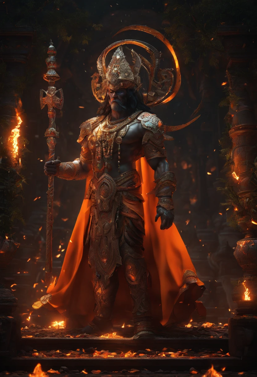 LORD HANUMAN ,a 35 years old man who has a face of a monkey, has a long tail as a monkey, proper eyes, An Indian god, Lord Hanuman, face of a monkey , moderate stature, has a big tail, Fire on the background, strongly built, broad-chested, narrow-waisted, and long-armed, big golden sword in his hand, in a dark forest (Professional 3D rendering:1.3) by (Realistic:1.3) World's most beautiful art picture, Features soft, dark complexation male heroes , hindu god, indian god, ((Epic hindu god , lord Hanuman, fantasy rough muscular man wet hero angry look long hair long slightly white beard and fierce expression in dynamic pose, wearing a orange robe, inside a jungle, burning lights in the background, majestic environment)), full body 8k unit render, action shot, skin pores, very dark lighting, heavy shading, detailed, Detailed face, (vibrant, photorealistic, Realistic , Dramatic, Dark, sharp focus, 8k), (orange cloths with heavy jewelry r:1.4), (intricate:1.4), decayed, (highly detailed:1.4), painting digital, rendering by octane, art stations, Concept-Art, smooth, sharp focus, illustration, germ of art, (Loish:0.23), Wlop Ilya Kuvshinov, and Greg Rutkowski and Alphonse Mucha Gracias, (global illumination, studiolight, Light Volumetric ), heavy rain, floating particles, scoundrel, fantasy, Eleven, full bodyesbian, ((Dark old city background:1.3)),CGSesociedade,art stations