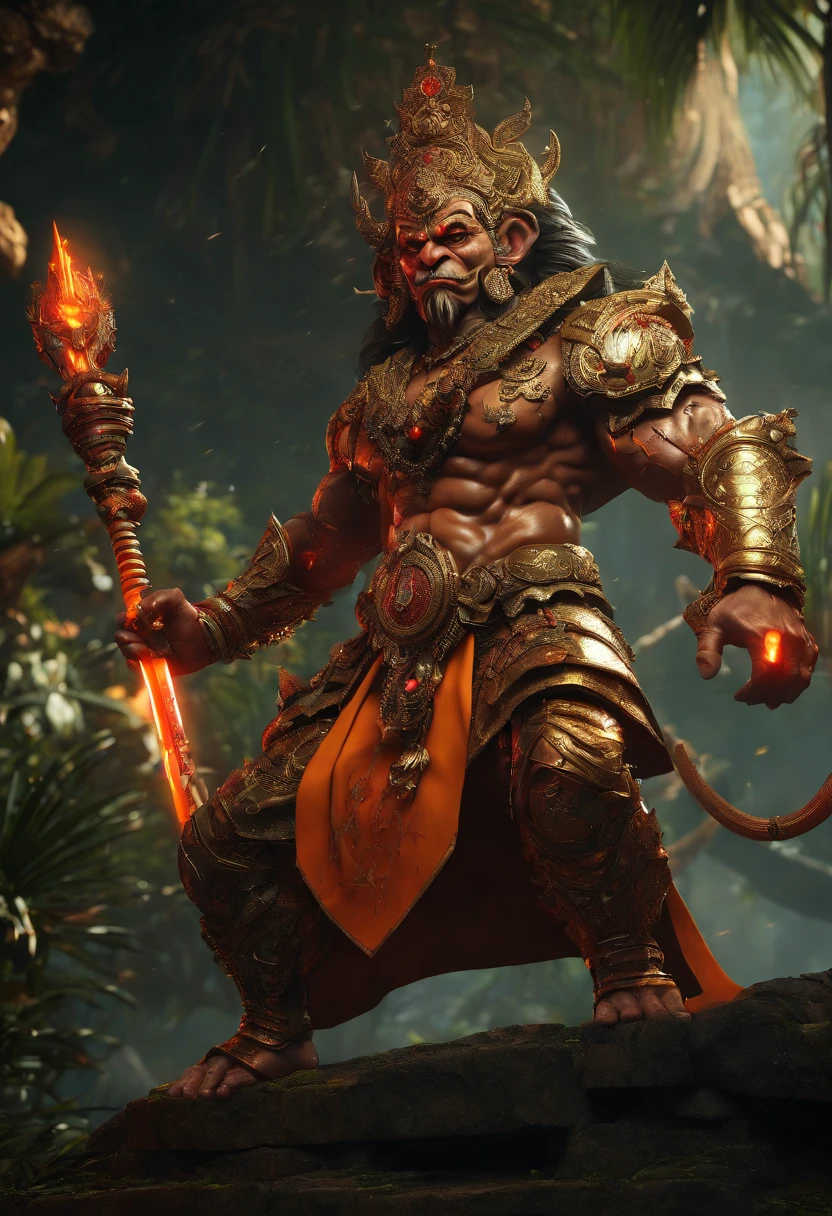 LORD HANUMAN ,a 35 years old man who has a face of a monkey, has a long tail as a monkey, proper eyes, An Indian god, Lord Hanuman, face of a monkey , moderate stature, has a big tail, Fire on the background, strongly built, broad-chested, narrow-waisted, and long-armed, big golden sword in his hand, in a dark forest (Professional 3D rendering:1.3) by (Realistic:1.3) World's most beautiful art picture, Features soft, dark complexation male heroes , hindu god, indian god, ((Epic hindu god , lord Hanuman, fantasy rough muscular man wet hero angry look long hair long slightly white beard and fierce expression in dynamic pose, wearing a orange robe, inside a jungle, burning lights in the background, majestic environment)), full body 8k unit render, action shot, skin pores, very dark lighting, heavy shading, detailed, Detailed face, (vibrant, photorealistic, Realistic , Dramatic, Dark, sharp focus, 8k), (orange cloths with heavy jewelry r:1.4), (intricate:1.4), decayed, (highly detailed:1.4), painting digital, rendering by octane, art stations, Concept-Art, smooth, sharp focus, illustration, germ of art, (Loish:0.23), Wlop Ilya Kuvshinov, and Greg Rutkowski and Alphonse Mucha Gracias, (global illumination, studiolight, Light Volumetric ), heavy rain, floating particles, scoundrel, fantasy, Eleven, full bodyesbian, ((Dark old city background:1.3)),CGSesociedade,art stations