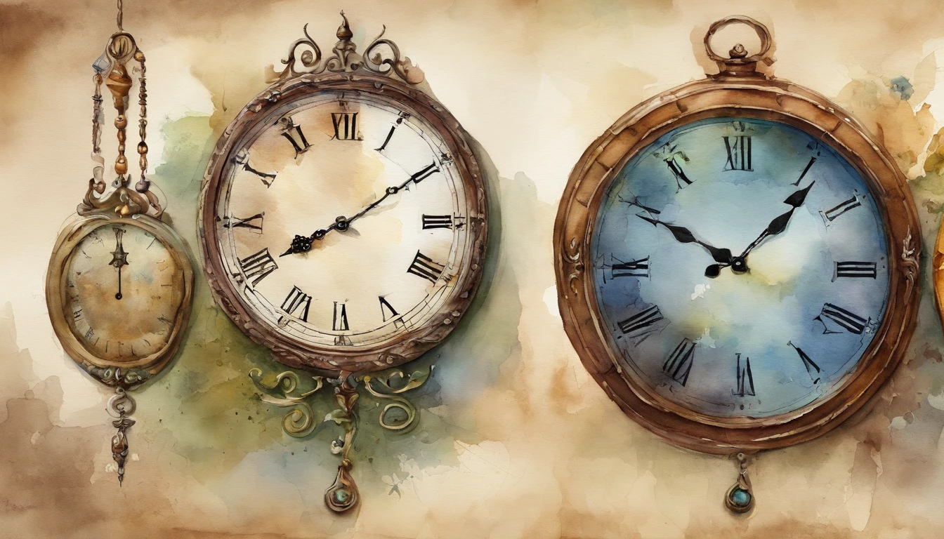 There are 10 clocks hanging on the wall, Round clock、Triangular clock、Vertically long clock、Watercolor touch,