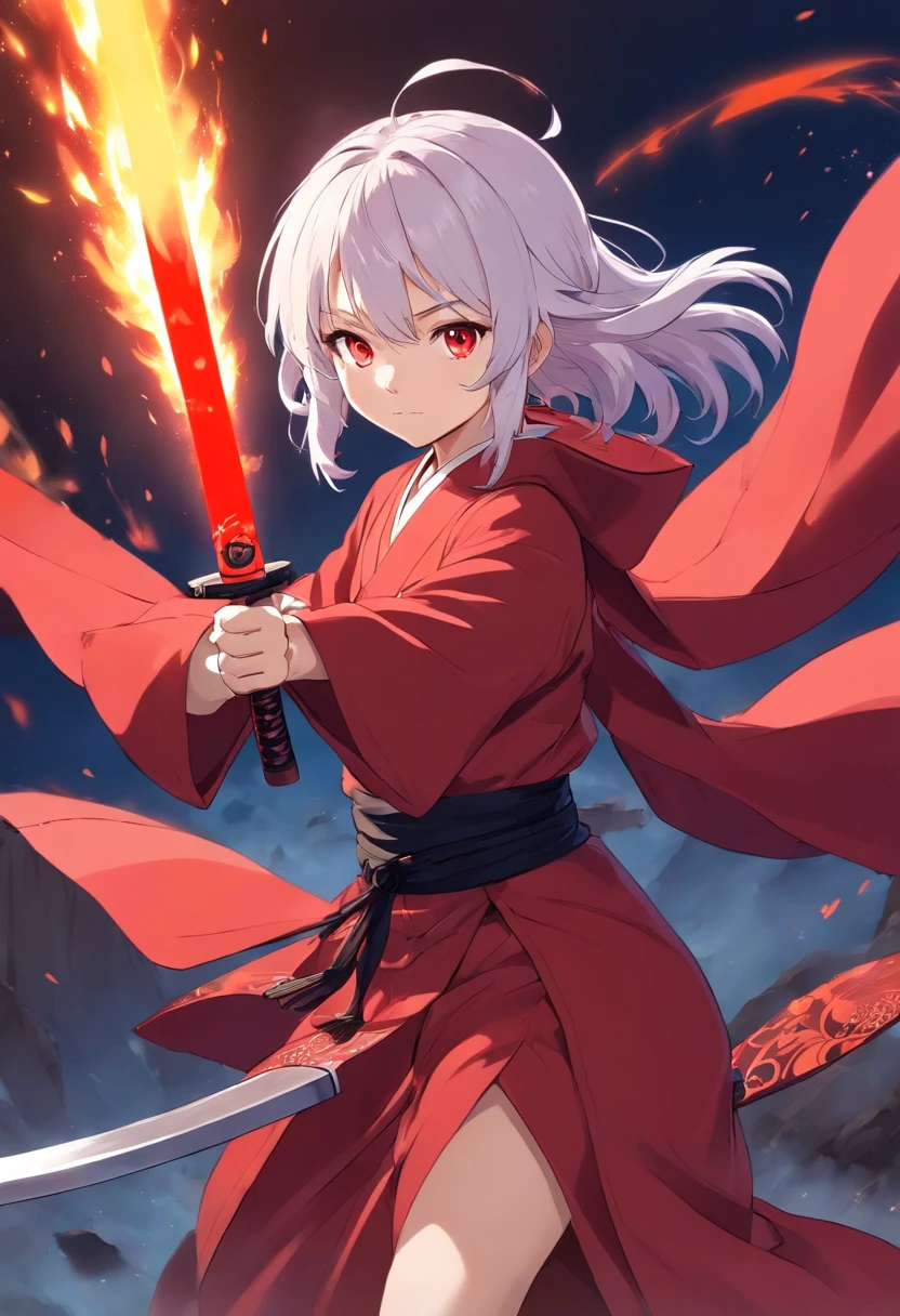 A girl similar to illyasviel from fate so that in the anime world of kimetsu no yaiba wearing a red haori and a black katana she is short and has small breasts, she will have white hair and fire around her sword, fighting a demon from the anime demon slayer and killing him