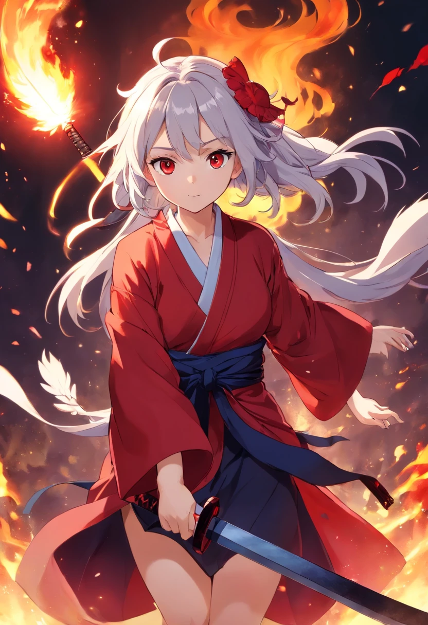 A girl similar to illyasviel from fate so that in the anime world of kimetsu no yaiba wearing a red haori and a black katana she is short and has small breasts, she will have white hair and fire around her sword, fighting a demon from the anime demon slayer and killing him