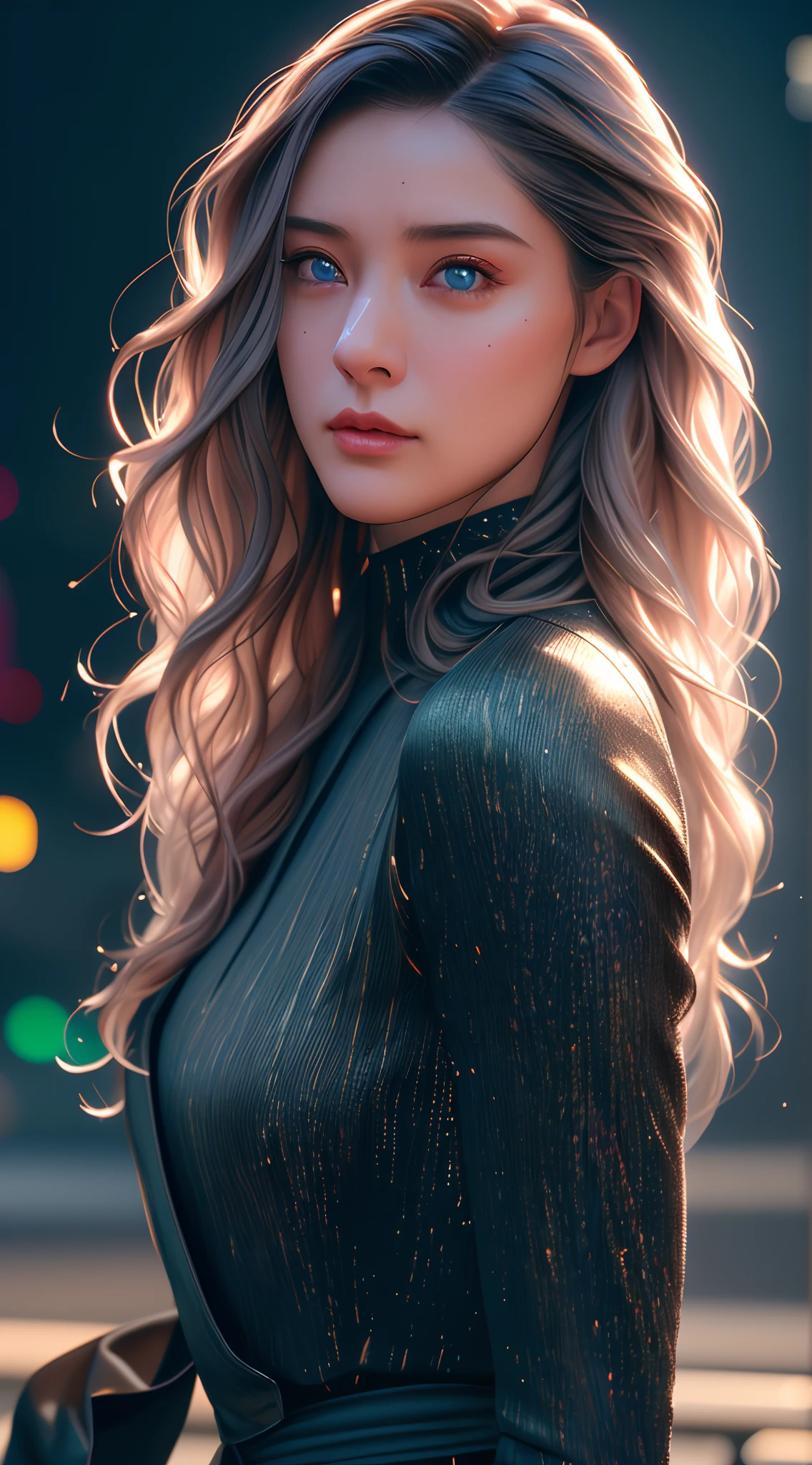 Full face portrait photo of a 25-year-old Russian girl, RAW, beautiful woman, semi-open strawberry lips, dimples, wistful look, (extra long wavy brown hair), ((detailed face)), ((detailed facial features)), (finely detailed skin), pale skin, (deep neckline detailed high-tech cyberpunk dress), cyberpunk megacity environment, (cool colors), damp, damp, reflections, (masterpiece) (perfect proportion)(realistic photo)(best quality)  (detailed) shot on a Canon EOS R5, 50mm lens, F/2.8, HDR, (8k) (wallpaper) (cinematic lighting) (dramatic lighting) (sharp focus) (intricate), RAW photo, RAW photo, gigachad photo, posing for camera, black jeans, back arms, 8k uhd, dslr, high quality, grain film, Fujifilm XT3, film stock photography 4 kodak portra 400 camera f1.6 lens rich colors hyper realistic texture dramatic lighting unrealengine trend in artstation cinestill  800 tungsten, toughboy style, ultra focus face, intimidating, in fighting position, short messy hair, muscular, bursting veins, beaded, extremely detailed, photorealistic, realistic, incredibly absurd, highly detailed, sharp focus, (Professional Studio Lighting), (Professional Color Grading), Edge Lighting, Dramatic lighting, Cinematic lighting, Lumen reflections, Soft natural lighting, Soft color, Photon mapping, Radiosity, (Beautiful eyes), (Eyes  detailed), (Detailed face), symmetrical eyes, sharp eyes, cold face, full body,