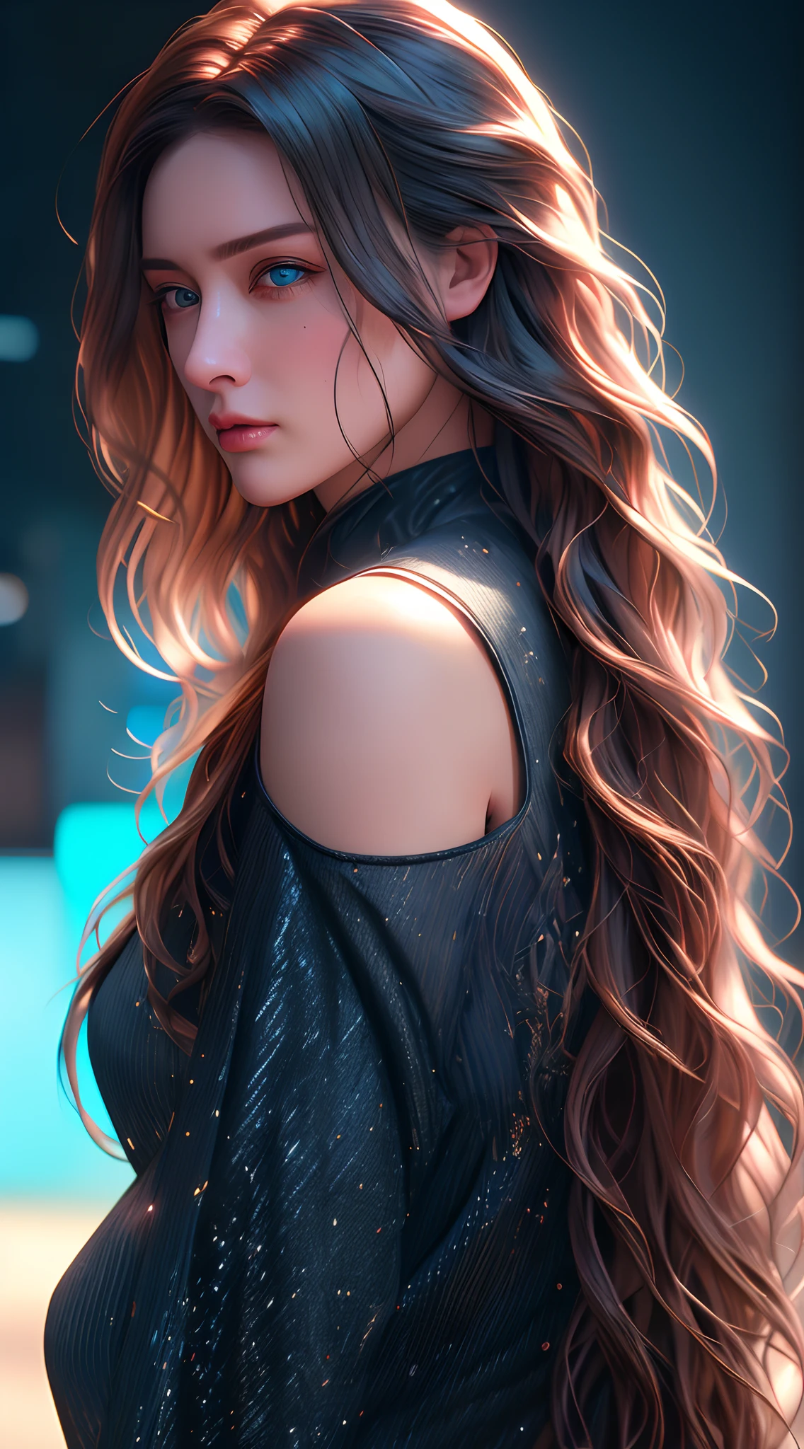 Full face portrait photo of a 25-year-old Russian girl, RAW, beautiful woman, semi-open strawberry lips, dimples, wistful look, (extra long wavy brown hair), ((detailed face)), ((detailed facial features)), (finely detailed skin), pale skin, (deep neckline detailed high-tech cyberpunk dress), cyberpunk megacity environment, (cool colors), damp, damp, reflections, (masterpiece) (perfect proportion)(realistic photo)(best quality)  (detailed) shot on a Canon EOS R5, 50mm lens, F/2.8, HDR, (8k) (wallpaper) (cinematic lighting) (dramatic lighting) (sharp focus) (intricate), RAW photo, RAW photo, gigachad photo, posing for camera, black jeans, back arms, 8k uhd, dslr, high quality, grain film, Fujifilm XT3, film stock photography 4 kodak portra 400 camera f1.6 lens rich colors hyper realistic texture dramatic lighting unrealengine trend in artstation cinestill  800 tungsten, toughboy style, ultra focus face, intimidating, in fighting position, short messy hair, muscular, bursting veins, beaded, extremely detailed, photorealistic, realistic, incredibly absurd, highly detailed, sharp focus, (Professional Studio Lighting), (Professional Color Grading), Edge Lighting, Dramatic lighting, Cinematic lighting, Lumen reflections, Soft natural lighting, Soft color, Photon mapping, Radiosity, (Beautiful eyes), (Eyes  detailed), (Detailed face), symmetrical eyes, sharp eyes, cold face, full body,