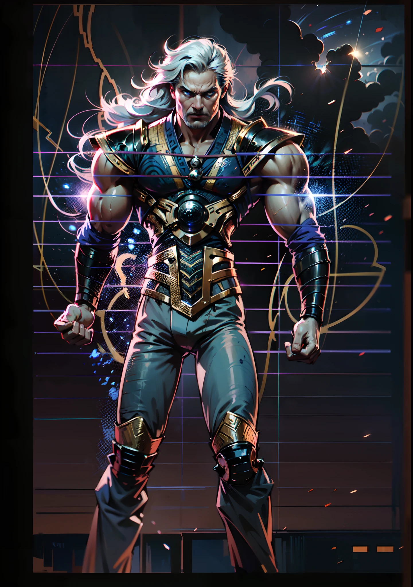 A middle-aged old man with flowing white hair, his eyes wide with fury, his mouth open in a roar, a simple yet dignified cloth armor, a fantasy-style Chinese cloth armor, mainly white with blue textured patterns, a simple yet elegant design, he also wears matching pants and leg guards, his entire body exudes a powerful aura, a formidable presence, a martial energy, energy field, this character embodies a finely crafted fantasy-style Chinese martial hero design in anime style, characterized by a sophisticated and mature manga illustration art style, Ink, Ink style, ink splash, blue aura, aura, Power, angry, wild hair, high definition, best quality, highres, ultra-detailed, ultra-fine painting, extremely delicate, professional, anatomically correct, symmetrical face, extremely detailed eyes and face, high quality eyes, creativity, RAW photo, UHD, 8k, Natural light, cinematic lighting, masterpiece:1.5