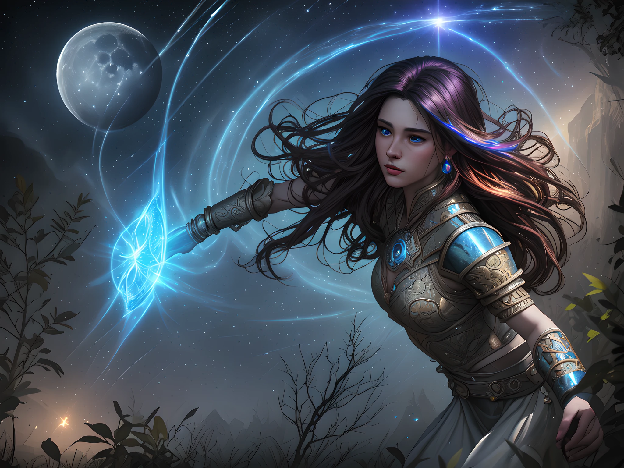 magv1ll high details, best quality, 16k, [ultra detailed], masterpiece, best quality, (extremely detailed), dynamic angle, ultra wide shot, photorealistic, ((fantasy art)) ((larry elmore style)), dnd art, rpg art, realistic art, female human druid of the stars, guardian of nature, controlling magical energy made of stars, swirling blue stary magical light, divine symbols (1.5 intricate details, Masterpiece, best quality), human female,  extremally beautiful, ultra feminine, dynamic hair, dynamic hair color, wearing leather armor, holding a staff, moon light, stars, dynamic natural background,  RPG art, magical atmosphere magic-fantasy-forest, ultra best realistic, best details, best quality, 16k, [ultra detailed], masterpiece, best quality, (extremely detailed), ultra wide shot, photorealism, depth of field, hyper realistic painting, 3D rendering