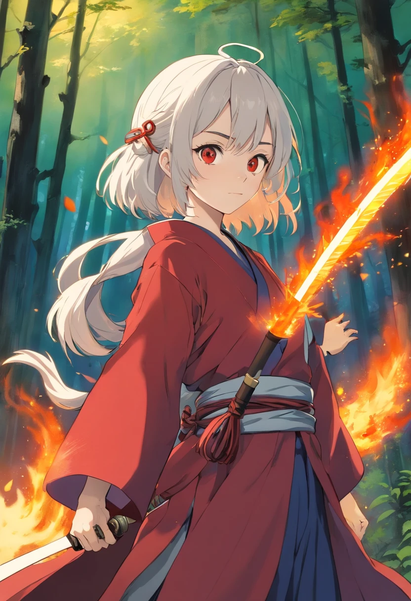 A girl similar to illyasviel of fate, so that in the anime world of kimetsu no yaiba wearing a red haori and a black katana, she is short and has small breasts;, She will have white hair and fire around her sword, e com um corvo azul em seu ombro esquerdo, enquanto ela esta segurando sua espada flamejante, olhando para a camera