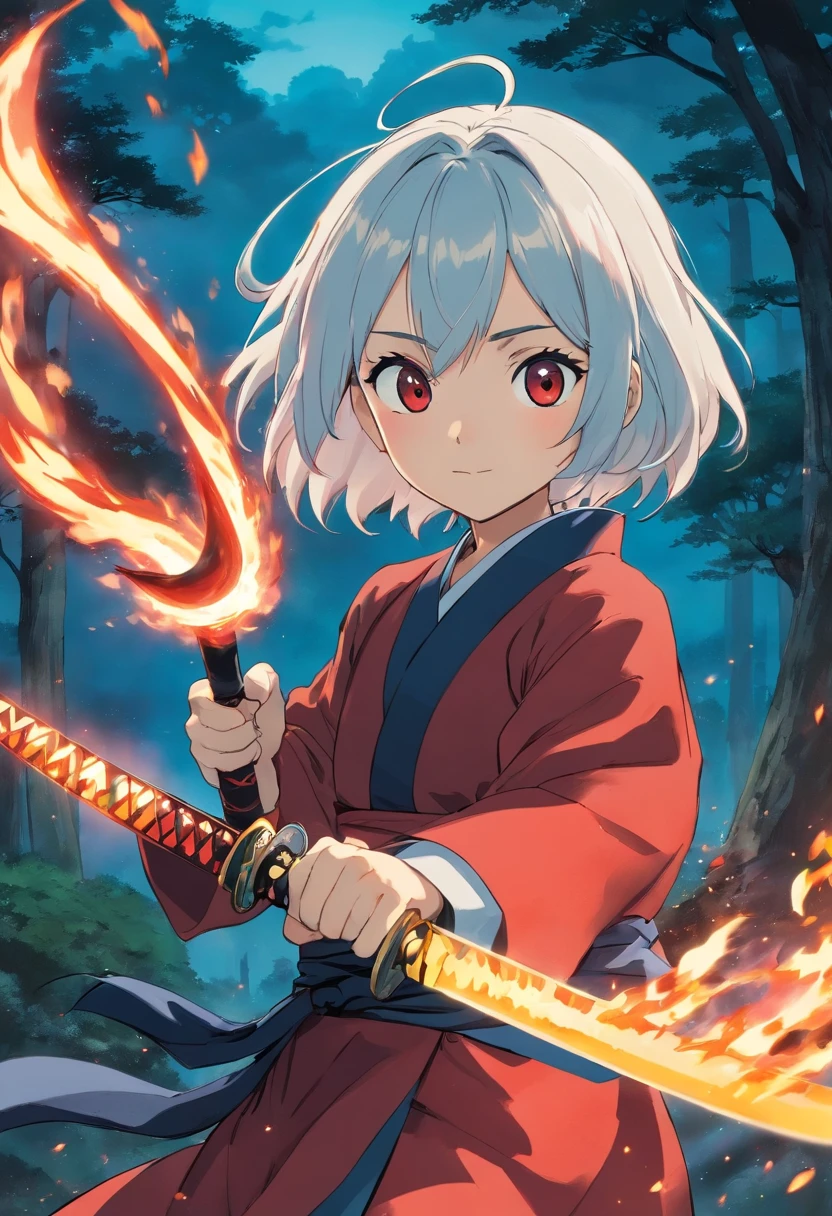 A girl similar to illyasviel of fate, so that in the anime world of kimetsu no yaiba wearing a red haori and a black katana, she is short and has small breasts;, She will have white hair and fire around her sword, e com um corvo azul em seu ombro esquerdo, enquanto ela esta segurando sua espada flamejante, olhando para a camera