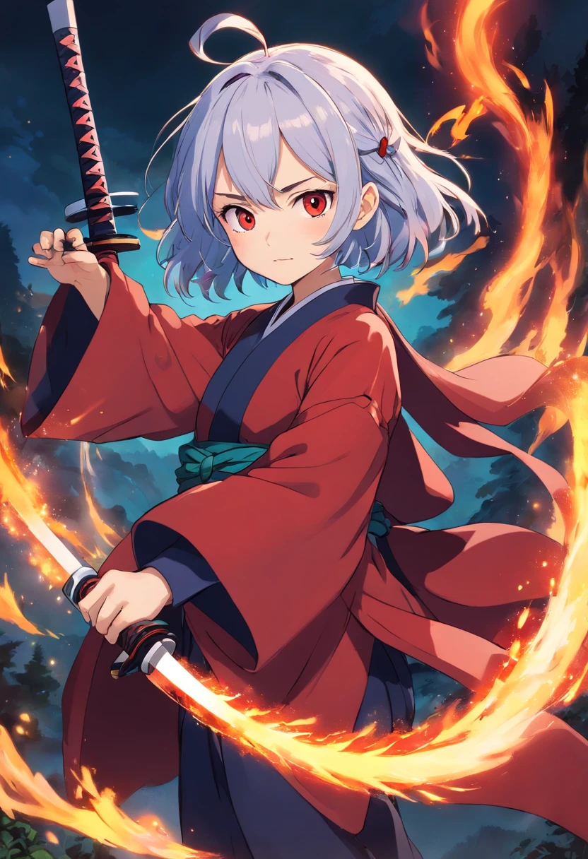 A girl similar to illyasviel of fate, so that in the anime world of kimetsu no yaiba wearing a red haori and a black katana, she is short and has small breasts;, She will have white hair and fire around her sword, e com um corvo azul em seu ombro esquerdo, enquanto ela esta segurando sua espada flamejante, olhando para a camera