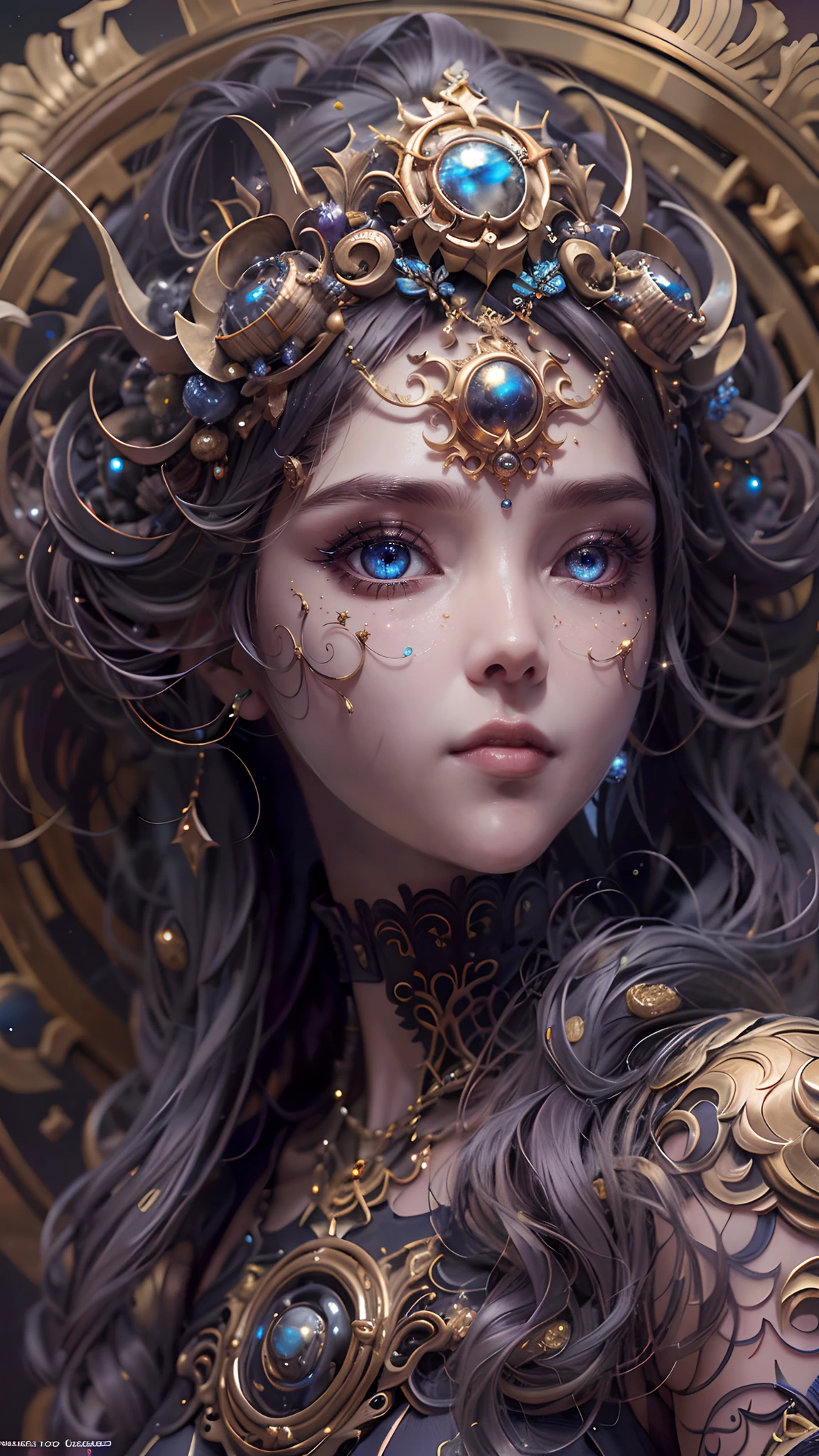 (best qualtiy,ultra - detailed,Most Best Illustration,Best shadow,tmasterpiece,A high resolution,professionalartwork,famousartwork),Detailed eyes,beautidful eyes,closeup cleavage,sci-fy,colored sclera,Robot eyes,face markings,Tattooed with,(fractalized,Fractal eyes),largeeyes,Wide eyes,(Eye focus),sface focus,Cosmic eyes,Space eyes,Close-up of metal sculpture of a woman with a moon in her hair,goddes。extremly high detail,3 d goddess portrait,Extremely detailed footage of the goddess,a stunning portrait of a goddess,Side image of the goddess,portrait of a beautiful goddess,Full body close-up portrait of the goddess,hecate goddess,portrait of a norse moon goddess,goddess of space and time