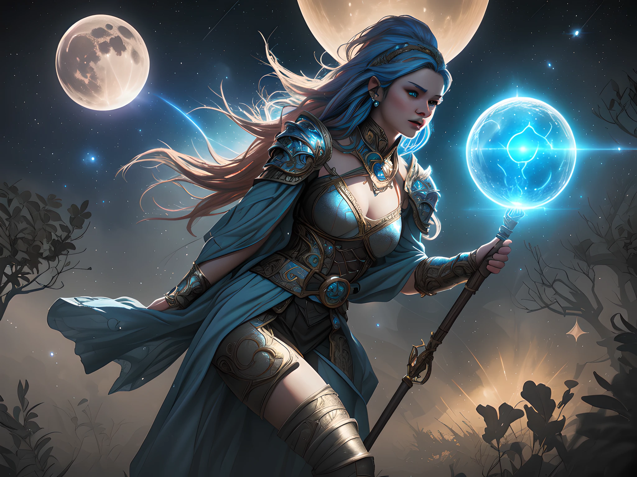 magv1ll high details, best quality, 16k, [ultra detailed], masterpiece, best quality, (extremely detailed), dynamic angle, ultra wide shot, photorealistic, ((fantasy art)) ((larry elmore style)), dnd art, rpg art, realistic art, female human druid of the stars, guardian of nature, controlling magical energy made of stars, swirling blue stary magical light, divine symbols (1.5 intricate details, Masterpiece, best quality), human female,  extremally beautiful, ultra feminine, dynamic hair, dynamic hair color, wearing leather armor, holding a staff, moon light, stars, dynamic natural background,  RPG art, magical atmosphere magic-fantasy-forest, ultra best realistic, best details, best quality, 16k, [ultra detailed], masterpiece, best quality, (extremely detailed), ultra wide shot, photorealism, depth of field, hyper realistic painting, 3D rendering