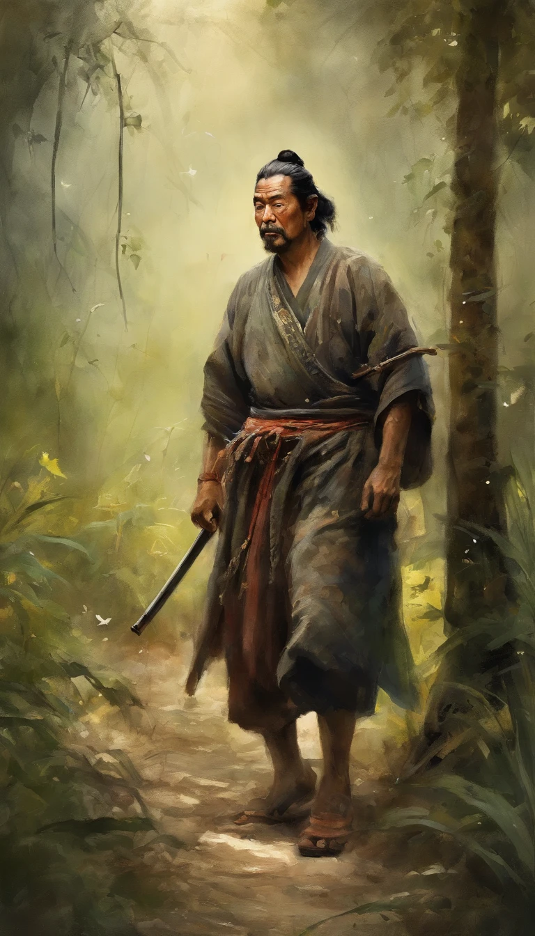 tmasterpiece, Handsome old samurai walking through the jungle among fireflies, (Alto detalle: 3 s), rough face, piel natural, Alta calidad, NSFW, ojos hermosos, (Caras y ojos detallados), (la cara: 1 2), ruido, extra, Realphotos, ....PSD, lamp film photography, foco nítido, Contrasted lighting, Aspectos detallados, High resolution 8K, incredible details, Realista, professional photo shoot, 8K UHD, SLR camera, soft illuminaotion, Alta calidad, Film particle, Fujifilm XT3