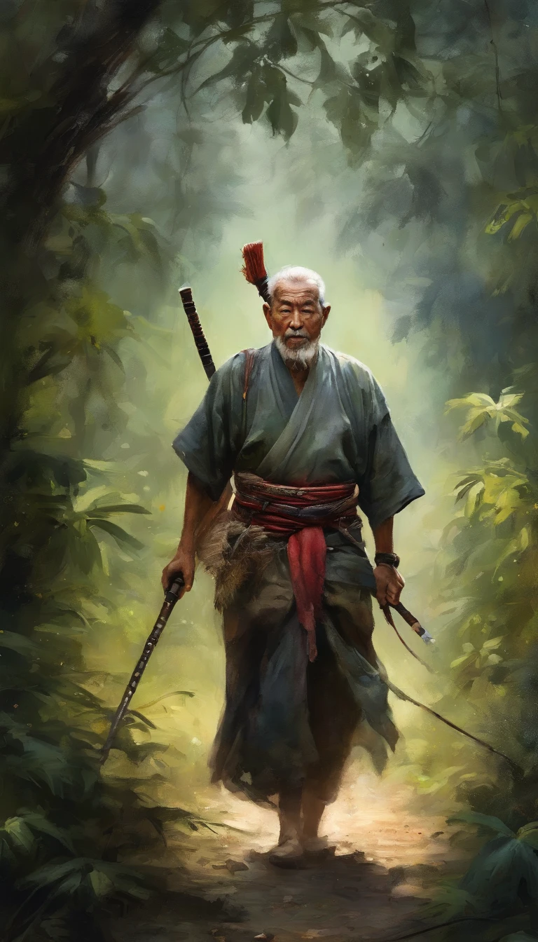 tmasterpiece, Handsome old samurai walking through the jungle among fireflies, (Alto detalle: 3 s), rough face, piel natural, Alta calidad, NSFW, ojos hermosos, (Caras y ojos detallados), (la cara: 1 2), ruido, extra, Realphotos, ....PSD, lamp film photography, foco nítido, Contrasted lighting, Aspectos detallados, High resolution 8K, incredible details, Realista, professional photo shoot, 8K UHD, SLR camera, soft illuminaotion, Alta calidad, Film particle, Fujifilm XT3